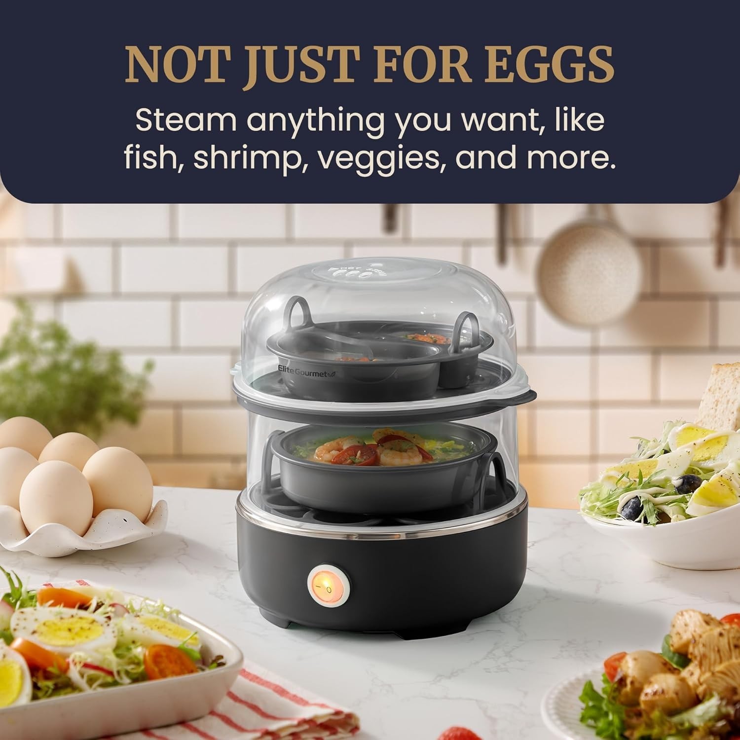Compact Easy Egg Cooker for 14 Eggs Black with Removable Dishwasher Safe Parts