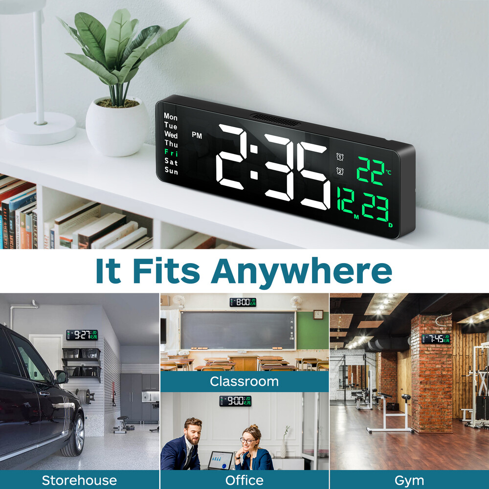 Large LED Digital Wall Clock Temperature Date Day Display USB Remote Control