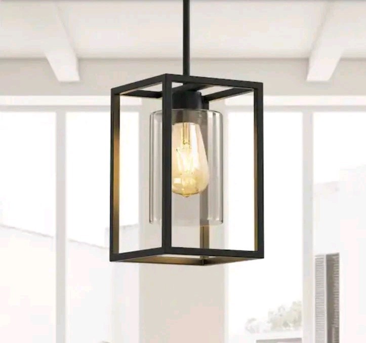 YANSUN 6.7 in. 1-Light Rectangle Black Pendant Light with Clear Glass Shade