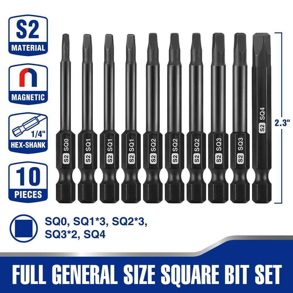 WORKPRO 10 PIECE Magnetic Square Bit Set 1/4 Inch Hex Shank Screwdriver Bits Set