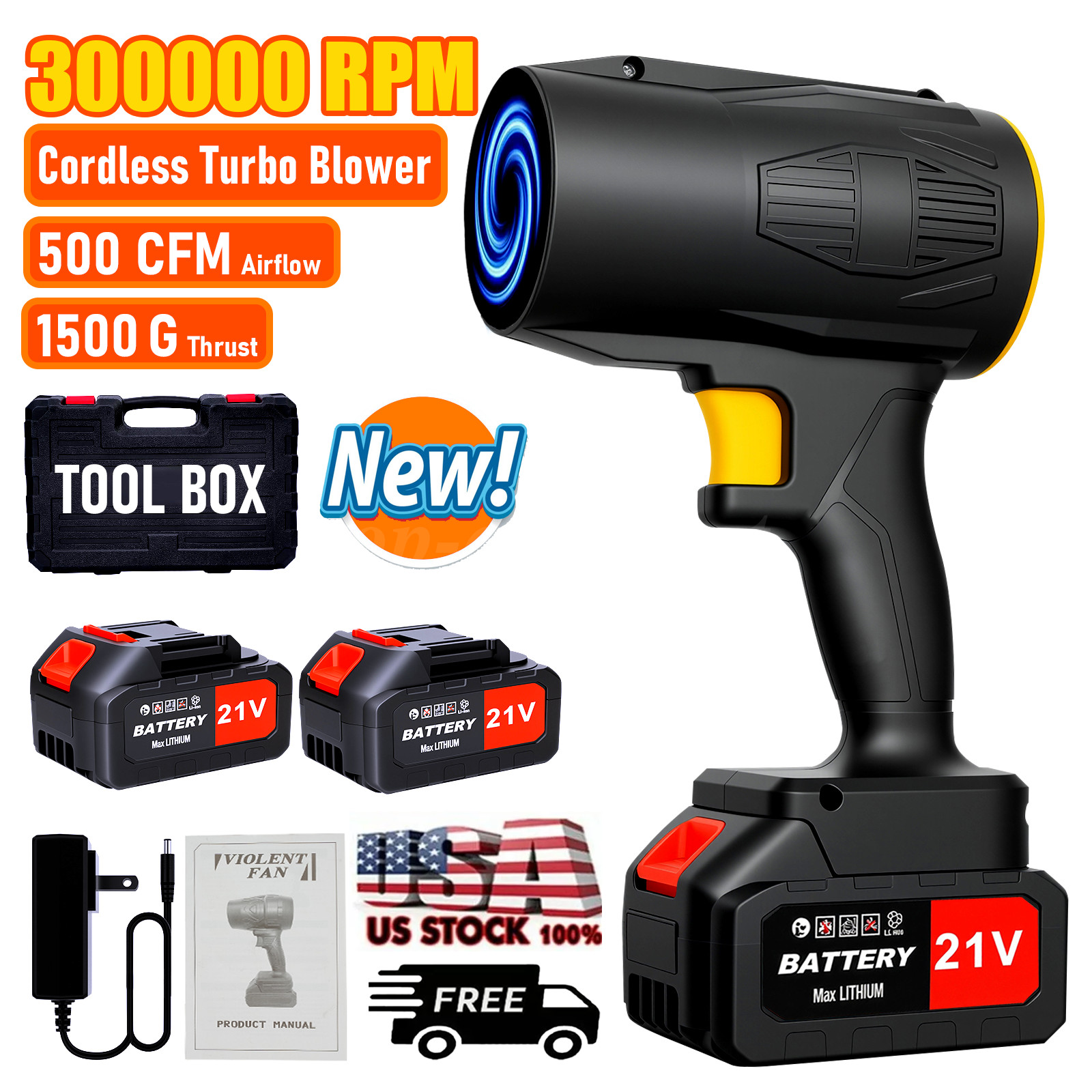 21V 260CFM Cordless Leaf Blower, 300000 RPM Handheld Power Blower for Lawn Care