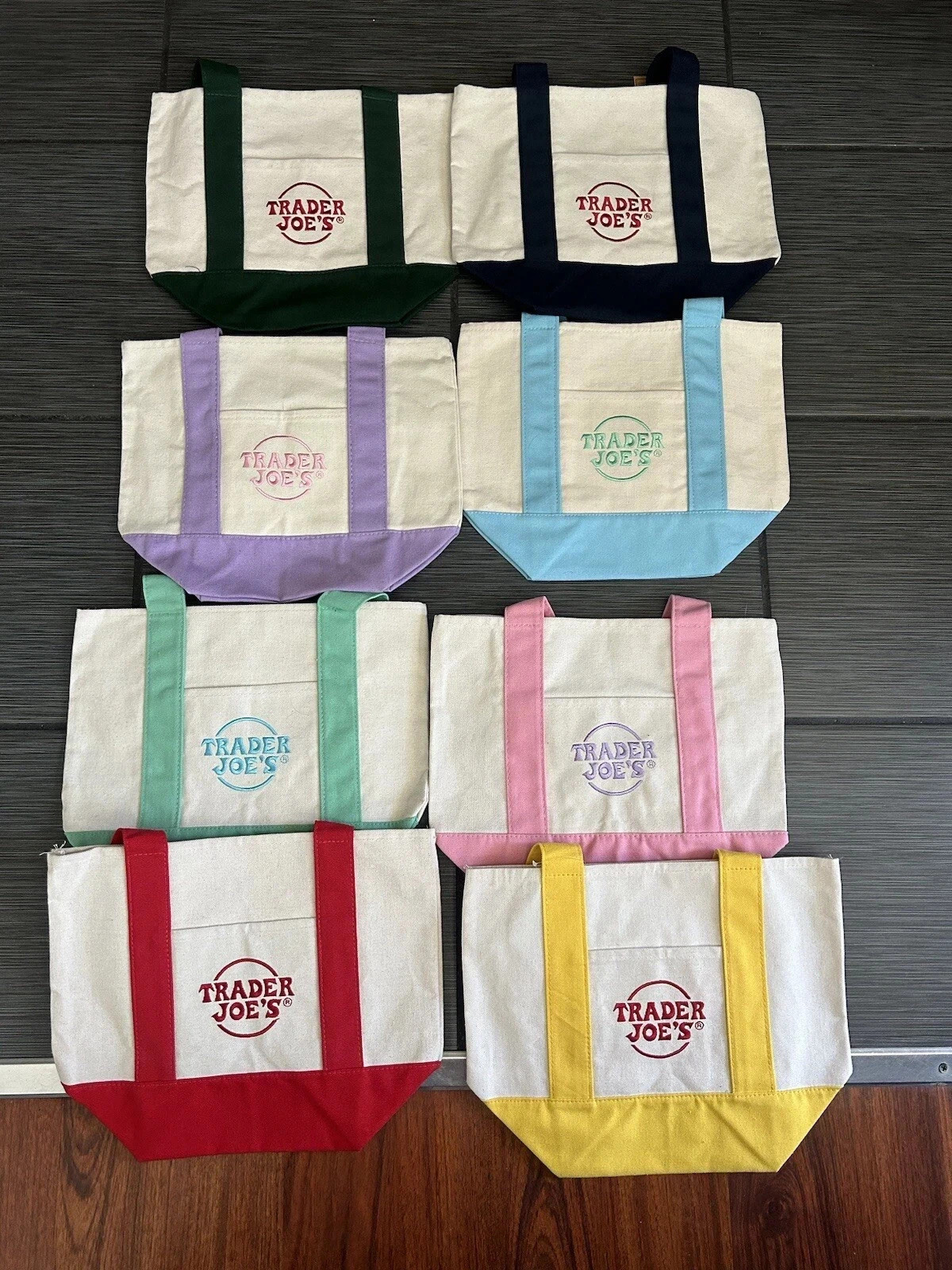 Trader Joe’s Mini Canvas Reusable Tote bags, Colorful Tote Bag SET of all 8