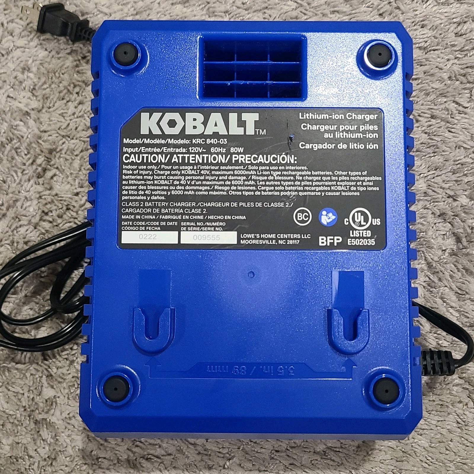 Kobalt 40 Volt MAX Lithium-Ion Battery Charger KRC 840-03