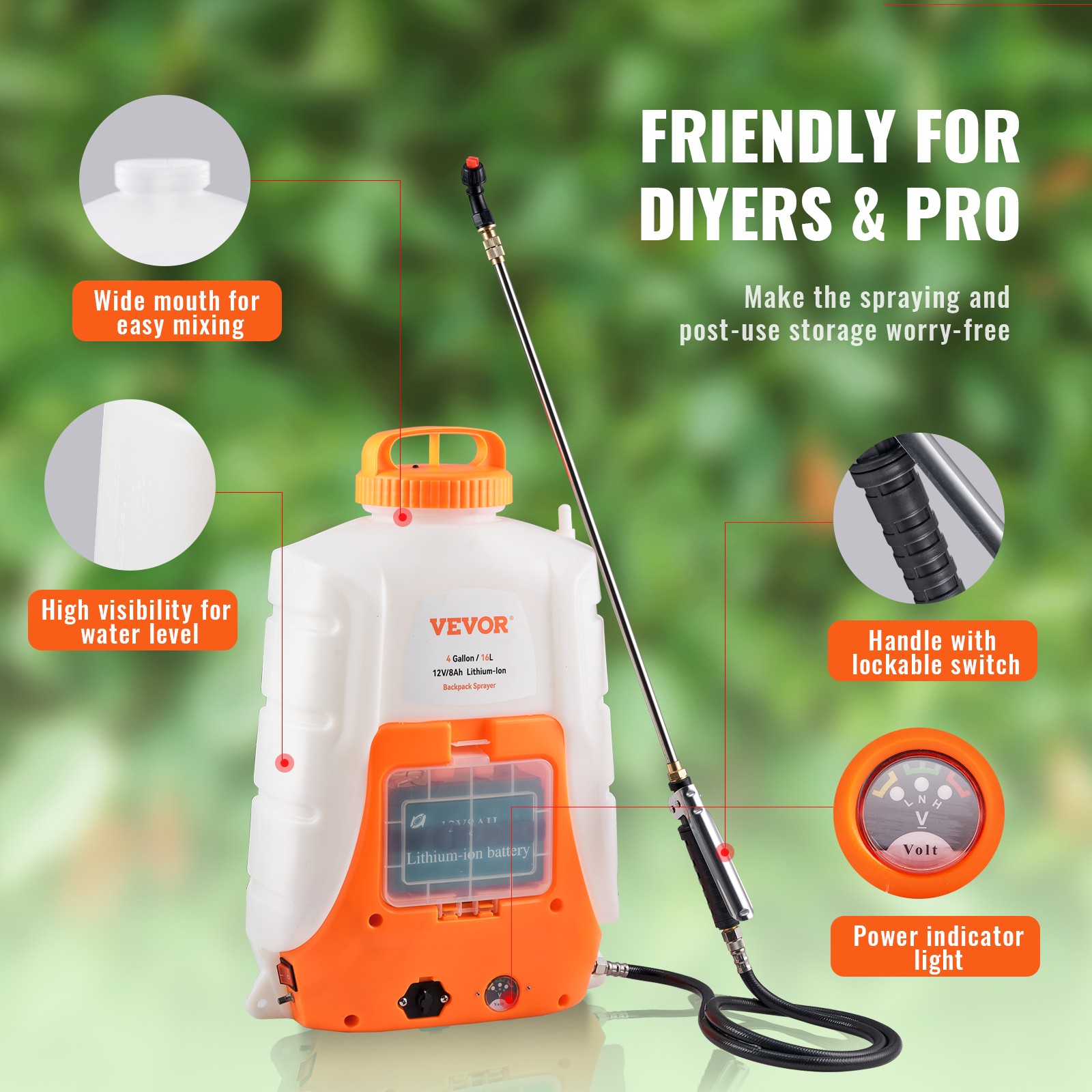 VEVOR Battery Powered Backpack Sprayer 4 Gal Tank 0-90 PSI Adjustable Pressure