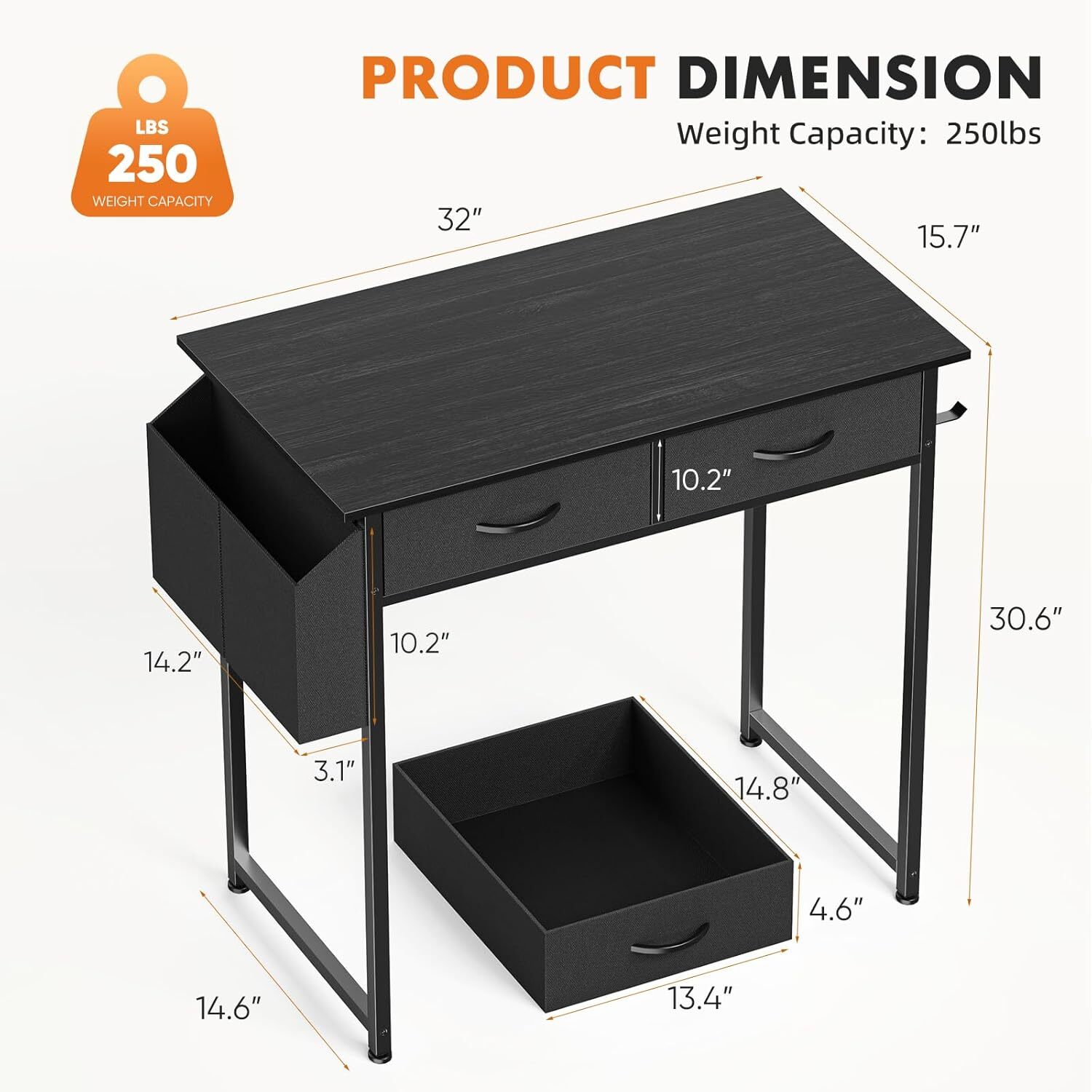 Small Computer Desk for Home Office, 32″ Working PC Table with 2 Fabric Drawers