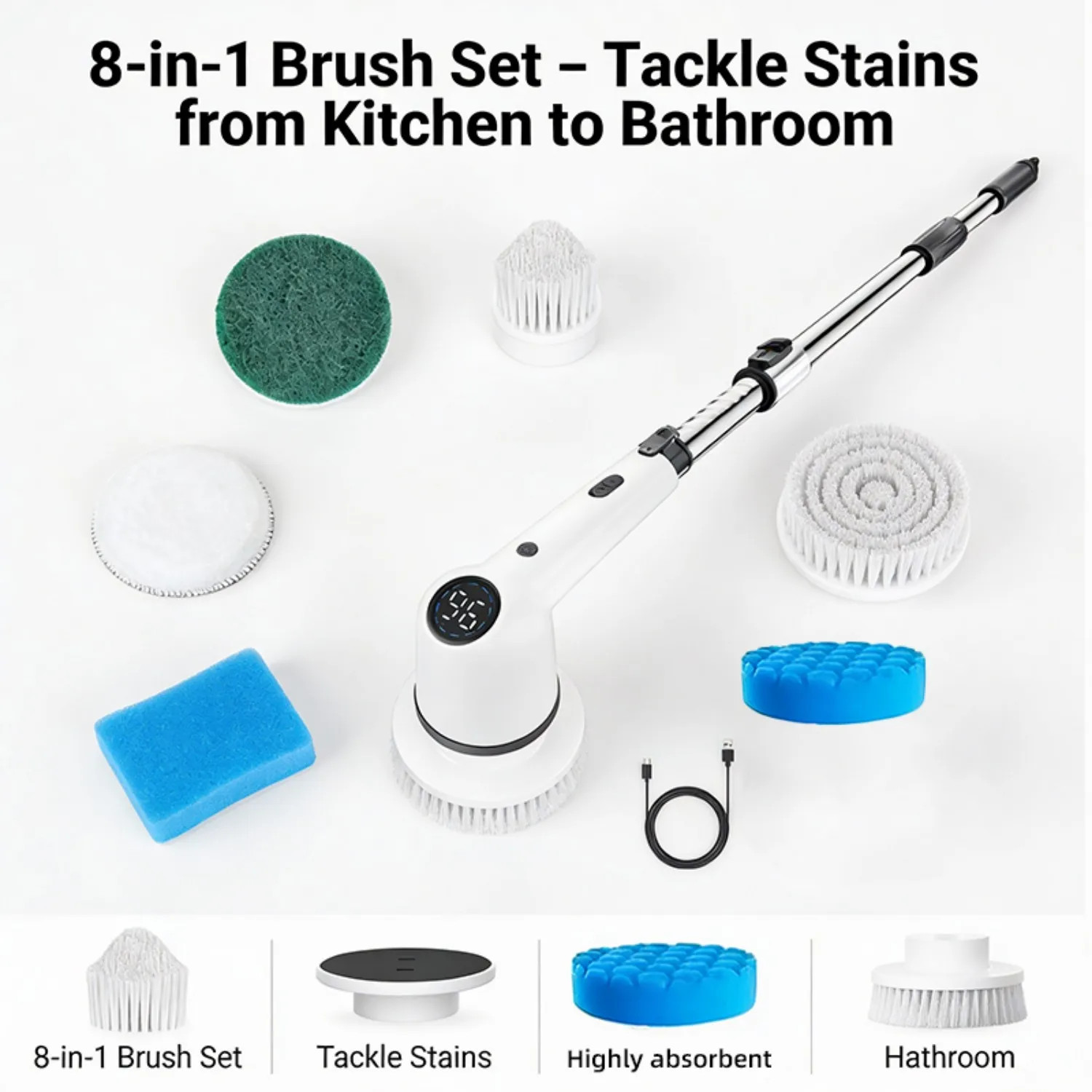 Cordless Electric Spin Cleaning Brush with 8 Brush Heads, 1300mAh Battery & 3 Sp