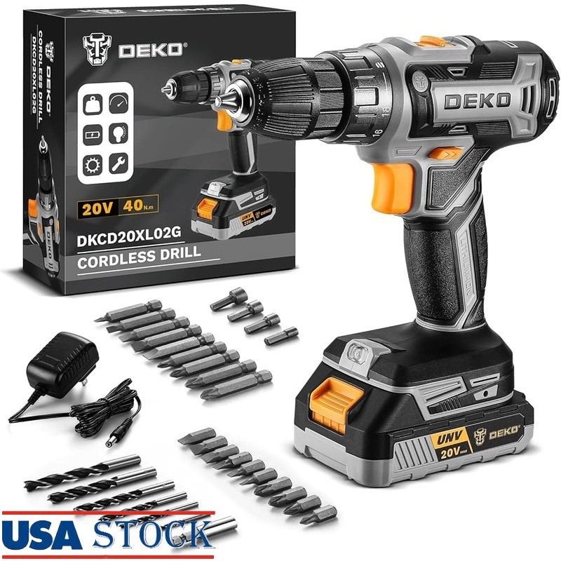Cordless Power Drill 20V Electric Drill Set W/ Battery Charger & 10 Bits New