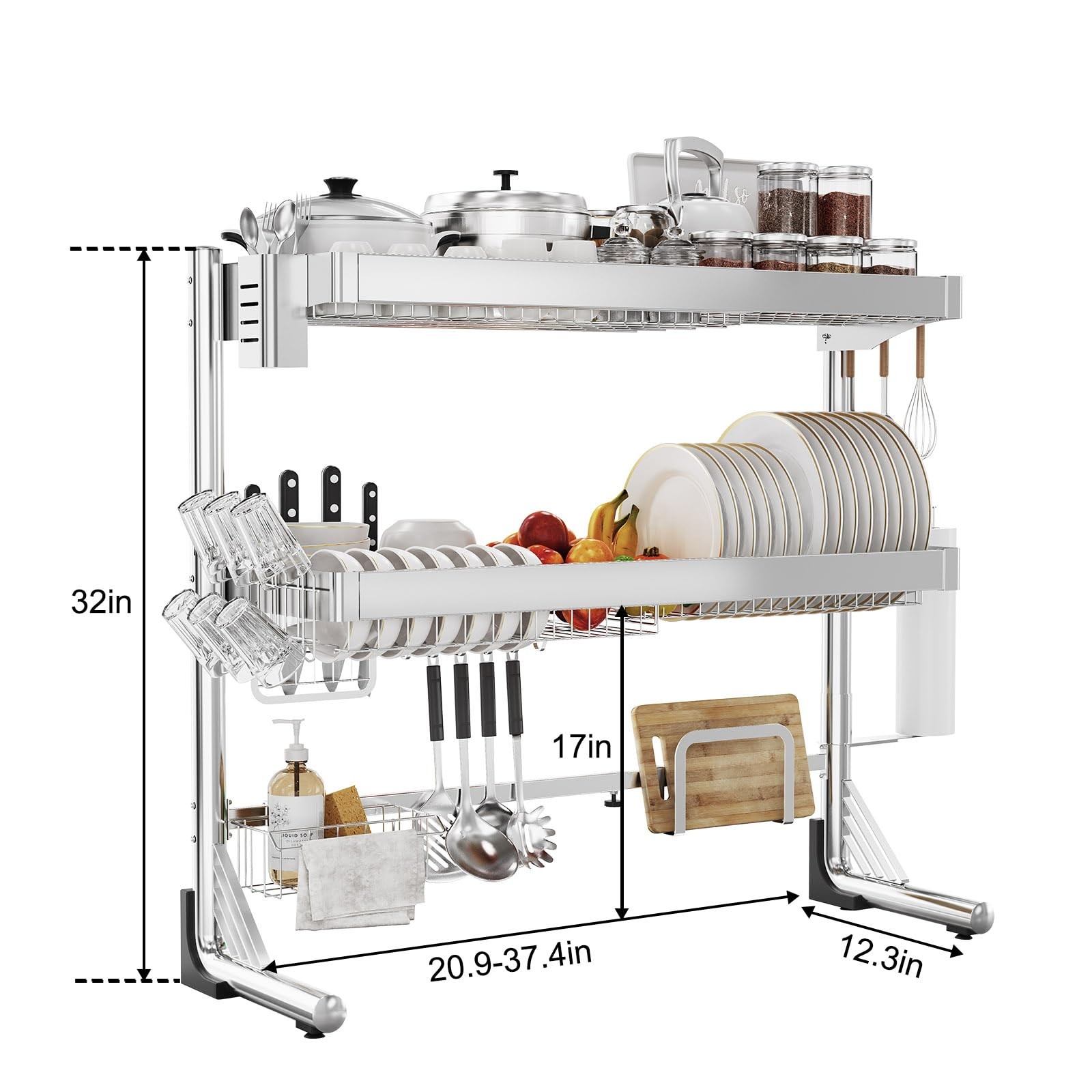 Over The Sink Dish Drainer Drying Rack 3 Tier, Full Stainless Steel Dish Dryi…