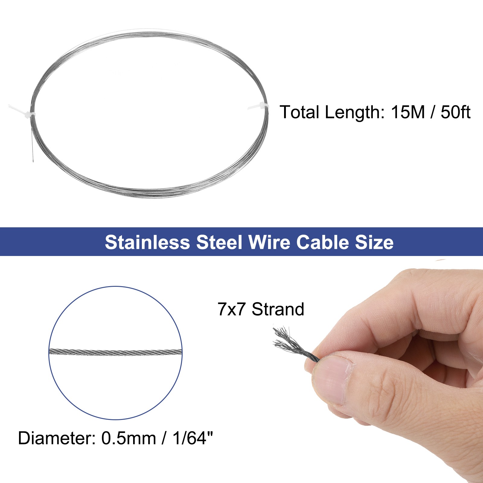 1/64″ (0.5mm) 50ft 15M 304 Stainless Steel Cable Wire Rope 7×7 Strands
