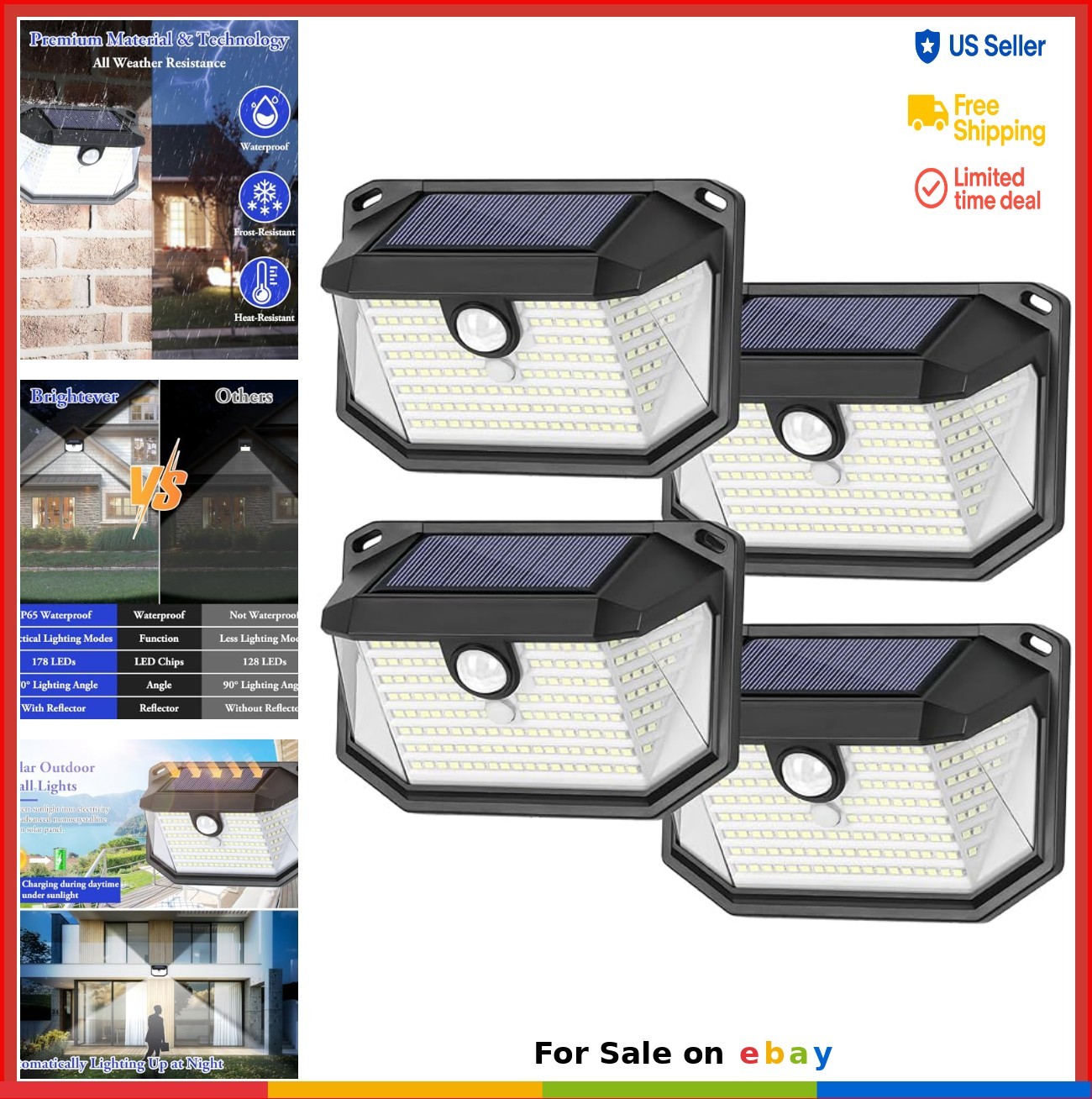 Solar Wall Lights Outdoor 4 Pack 178 LED Motion Sensor Security Waterproof