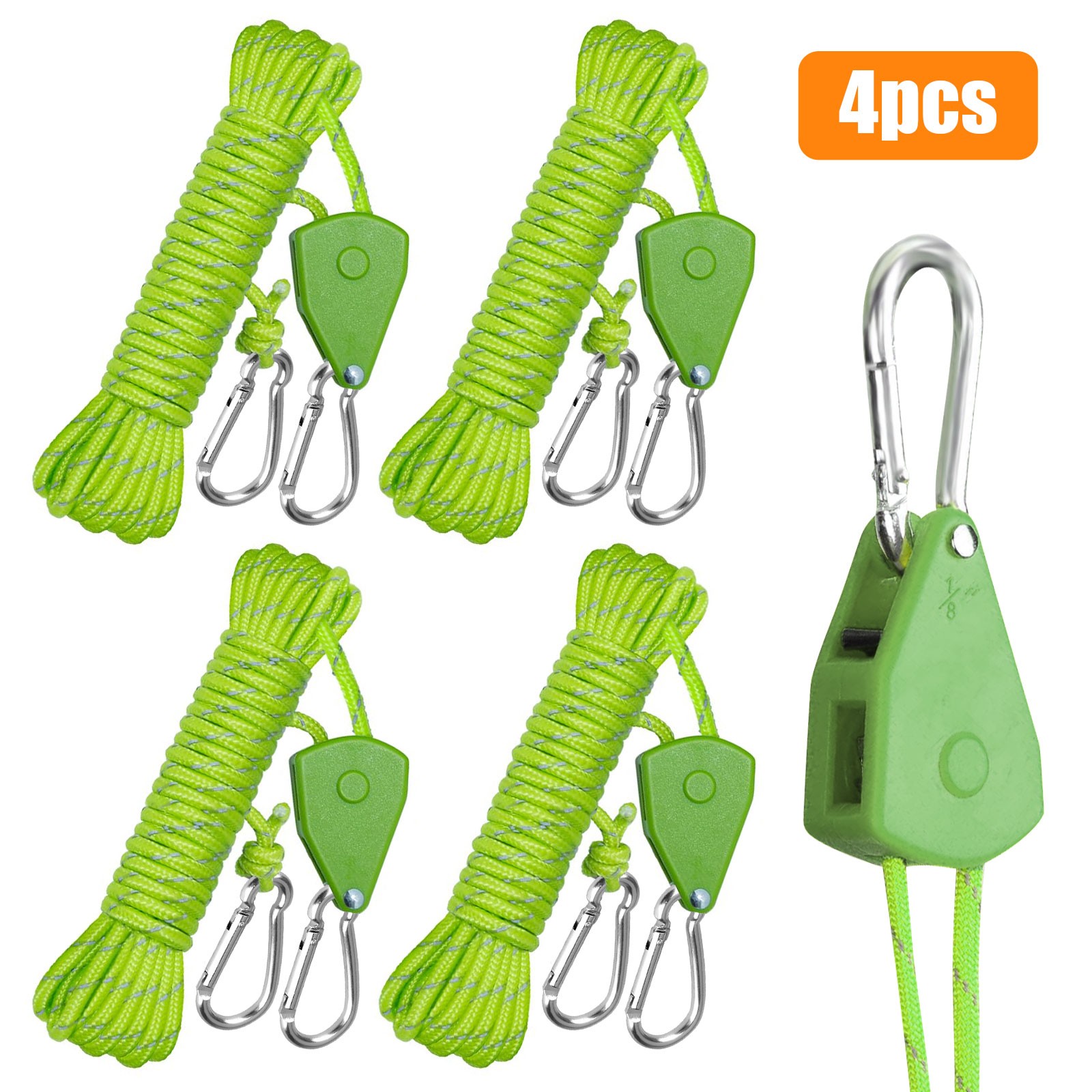 4x Adjustable Rope Pulley Ratchet Tie Down 150LB Reflective Tent Guy Line 13.1FT