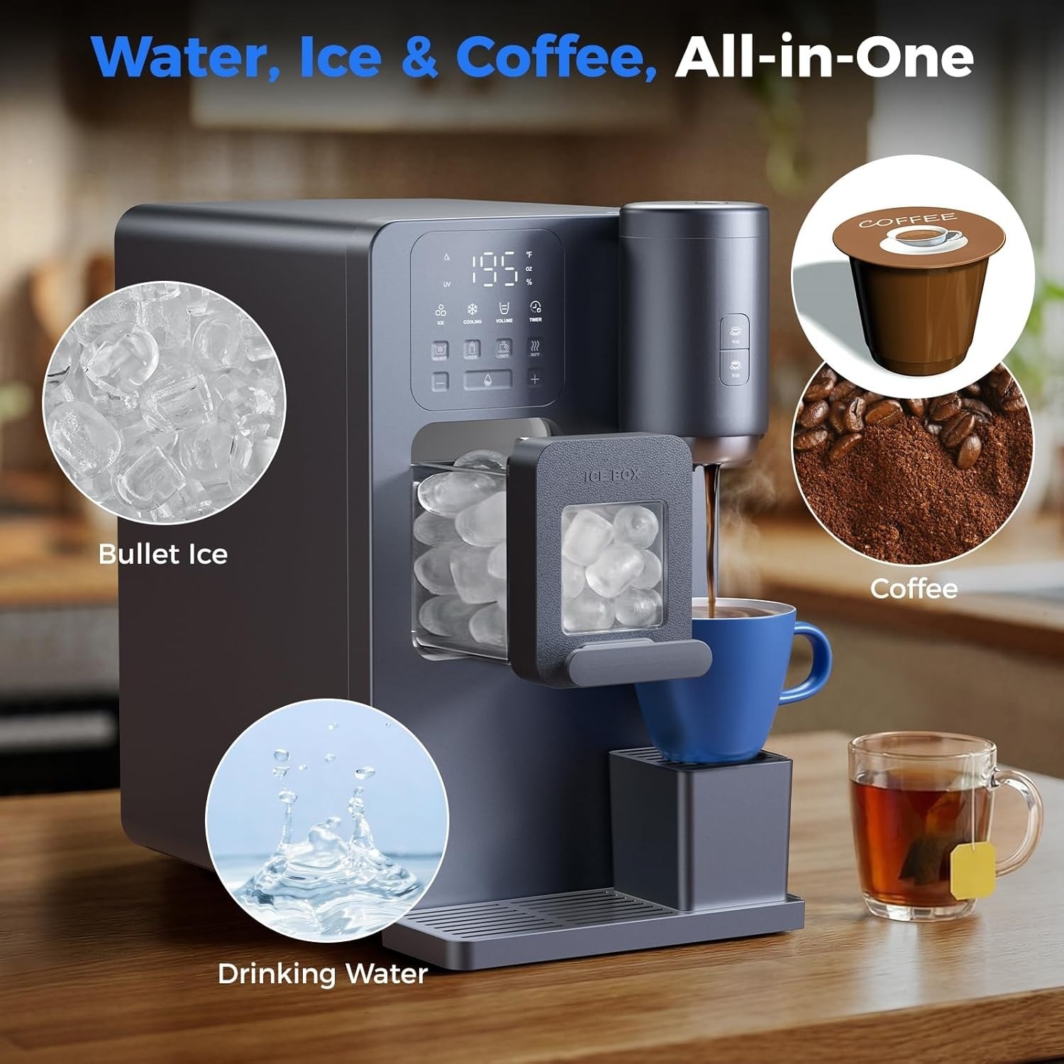 3-in-1 Water Dispenser with Ice Maker – Coffee Maker Countertop Bullet Ice Maker
