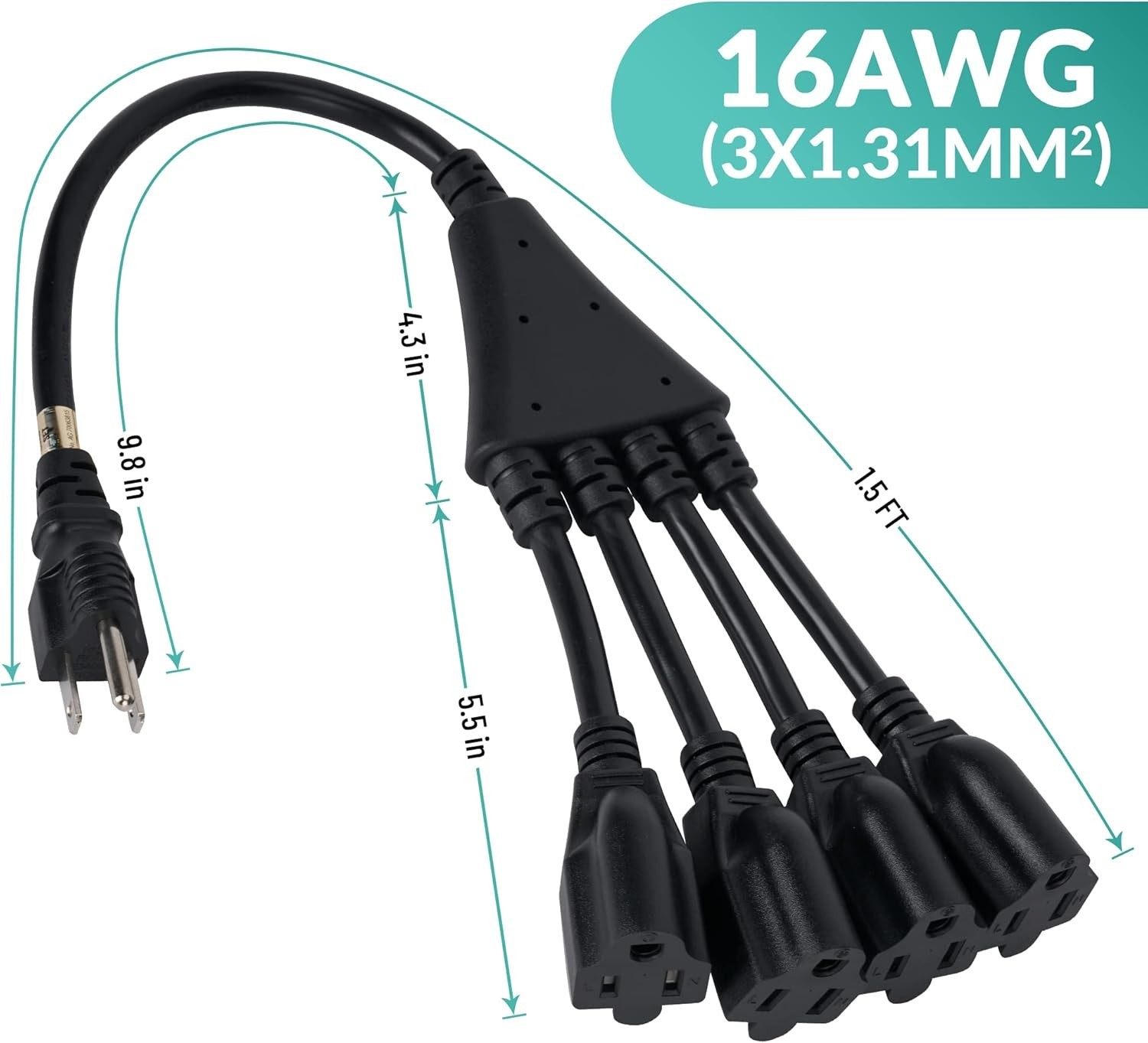 4 Way Power Cord Splitter Cable-3 Prong 1 to 4 Extension Cord-Outlet Saver- Male