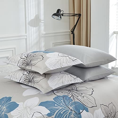 King Comforter Set 7 Piece Blue Floral Grey Bedding Microfiber All Seasons