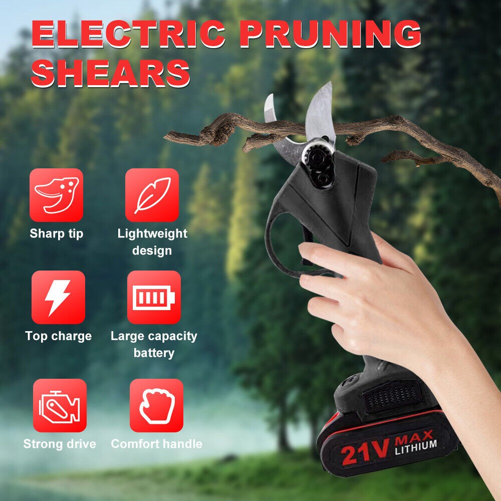 21V Electric Cordless Branch Scissors Pruning Shear Pruner Cutter+2Battery
