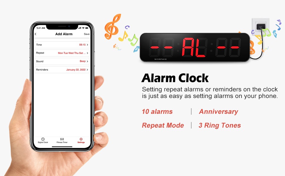 15.2″ Lar Digital Wall Clo with Seconds, App & Remote Control,