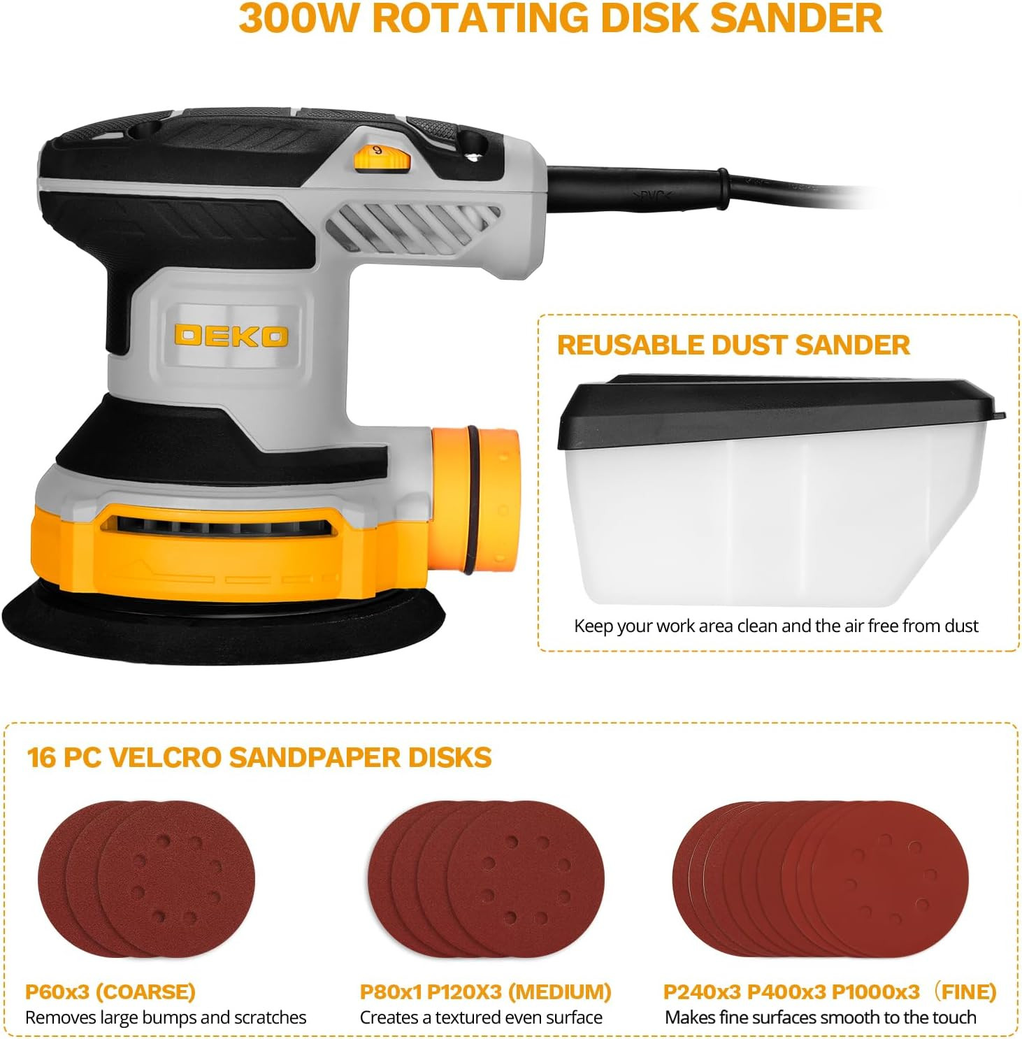 Orbital Sander Corded Hand Sander: 5″ Random Orbital Sander with Dust