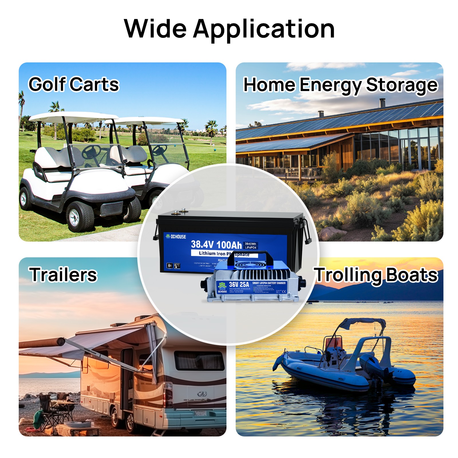36V 100Ah Lithium Golf Cart Battery with 25A Charger Bluetooth Trolling Motor RV