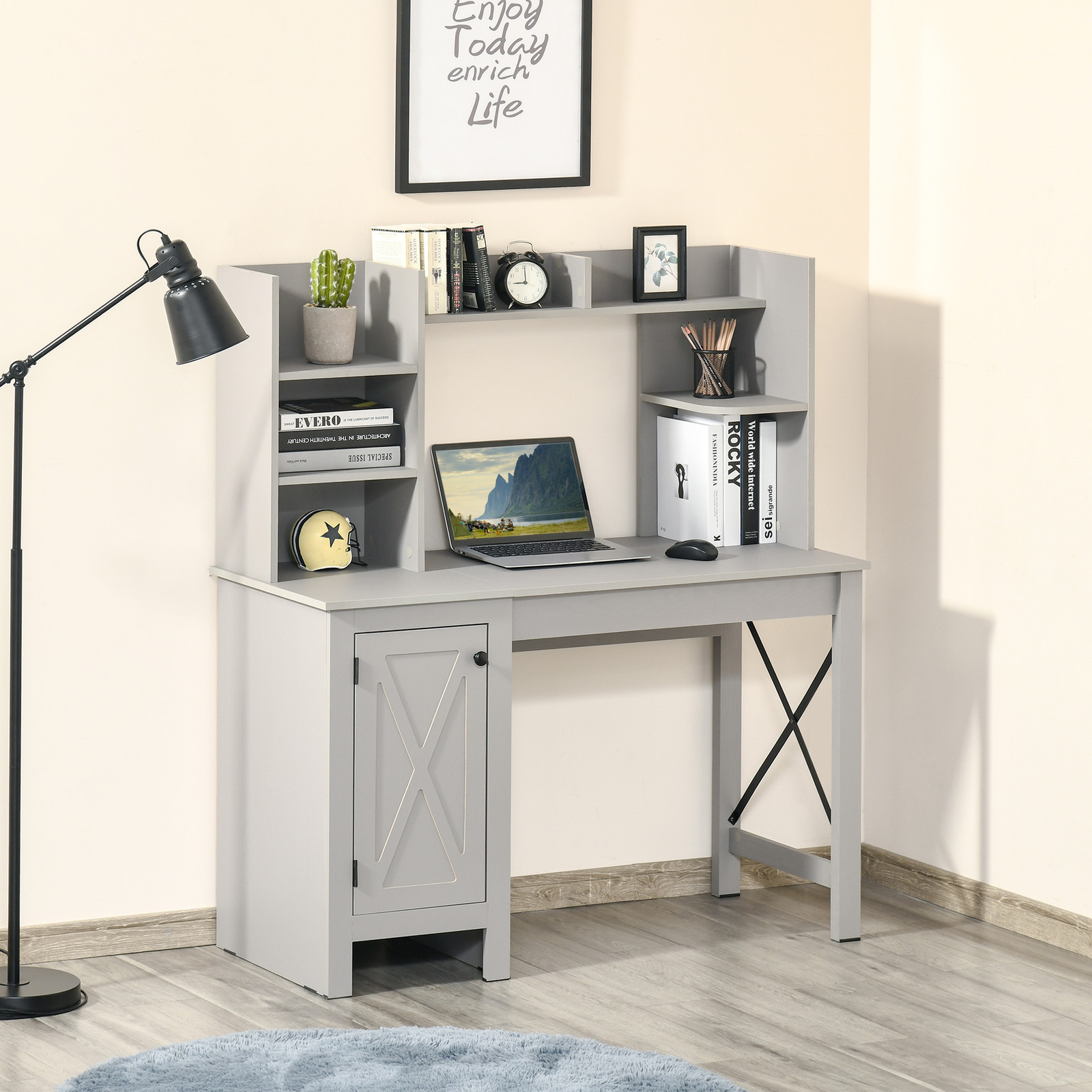 Farmhouse Computer Desk W/ Hutch Tabletop Cabinet, Home Office Study, Light Grey