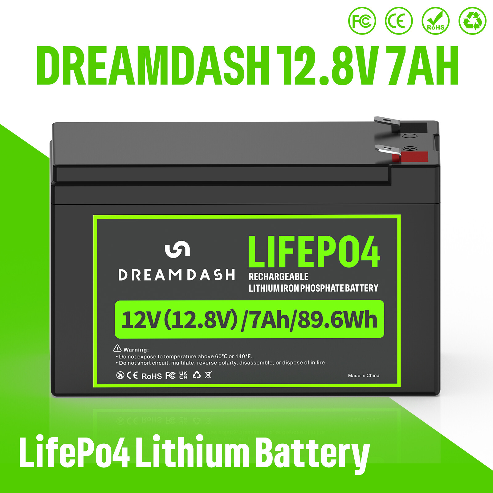 12.8V 7Ah LiFePO4 Lithium Battery, 4000+ Cycles Built-in BMS for Fish Kids Car