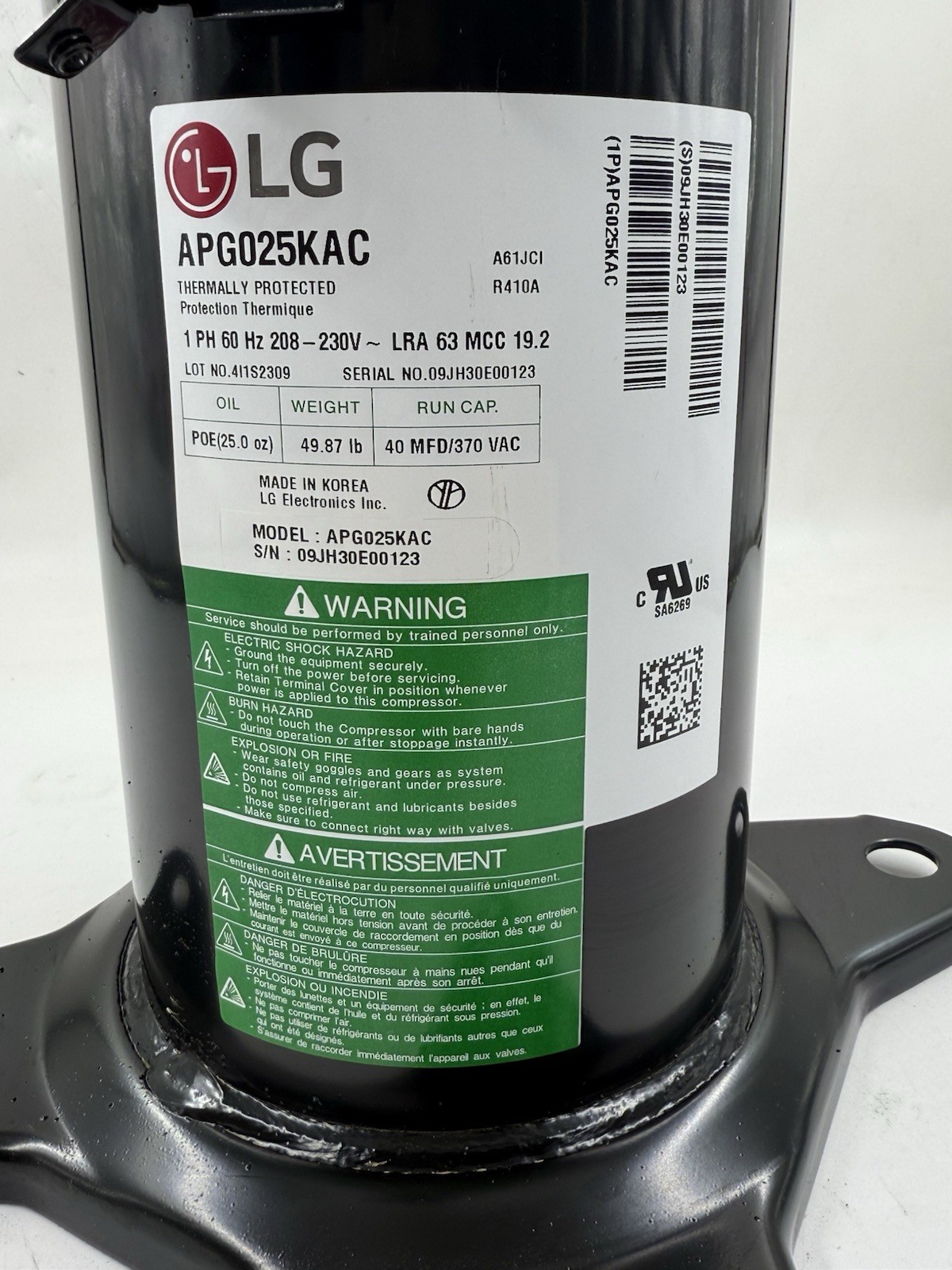 LG APG025KAC R410A SCROLL COMPRESSOR 2 TON REPLACES ZP24K6E-PFV ZP25K6E-PFV