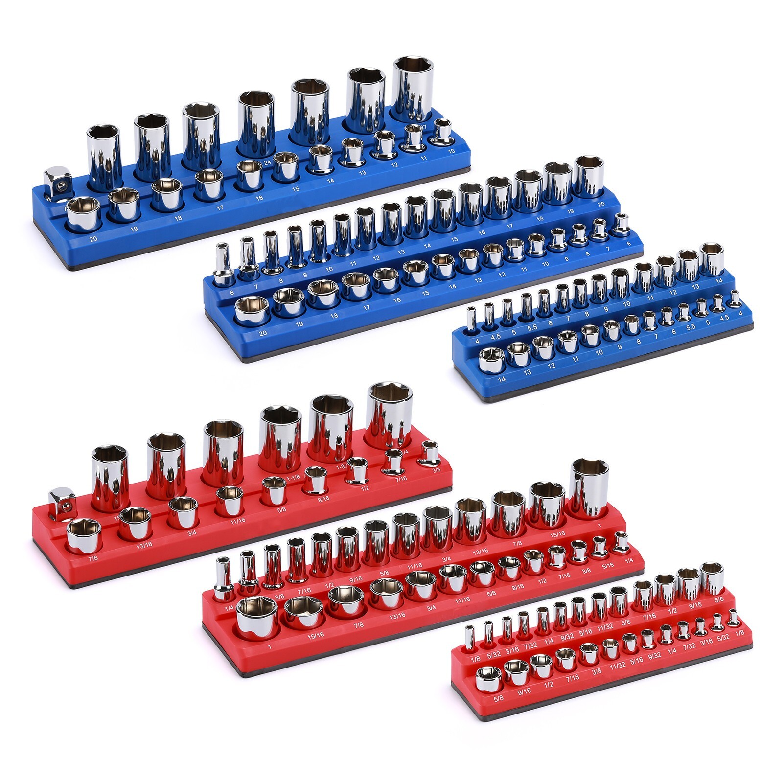 6PCS Magnetic Socket Organizer Holder, 1/4″, 3/8″, 1/2″Dr. 143 Slots SAE&Metric