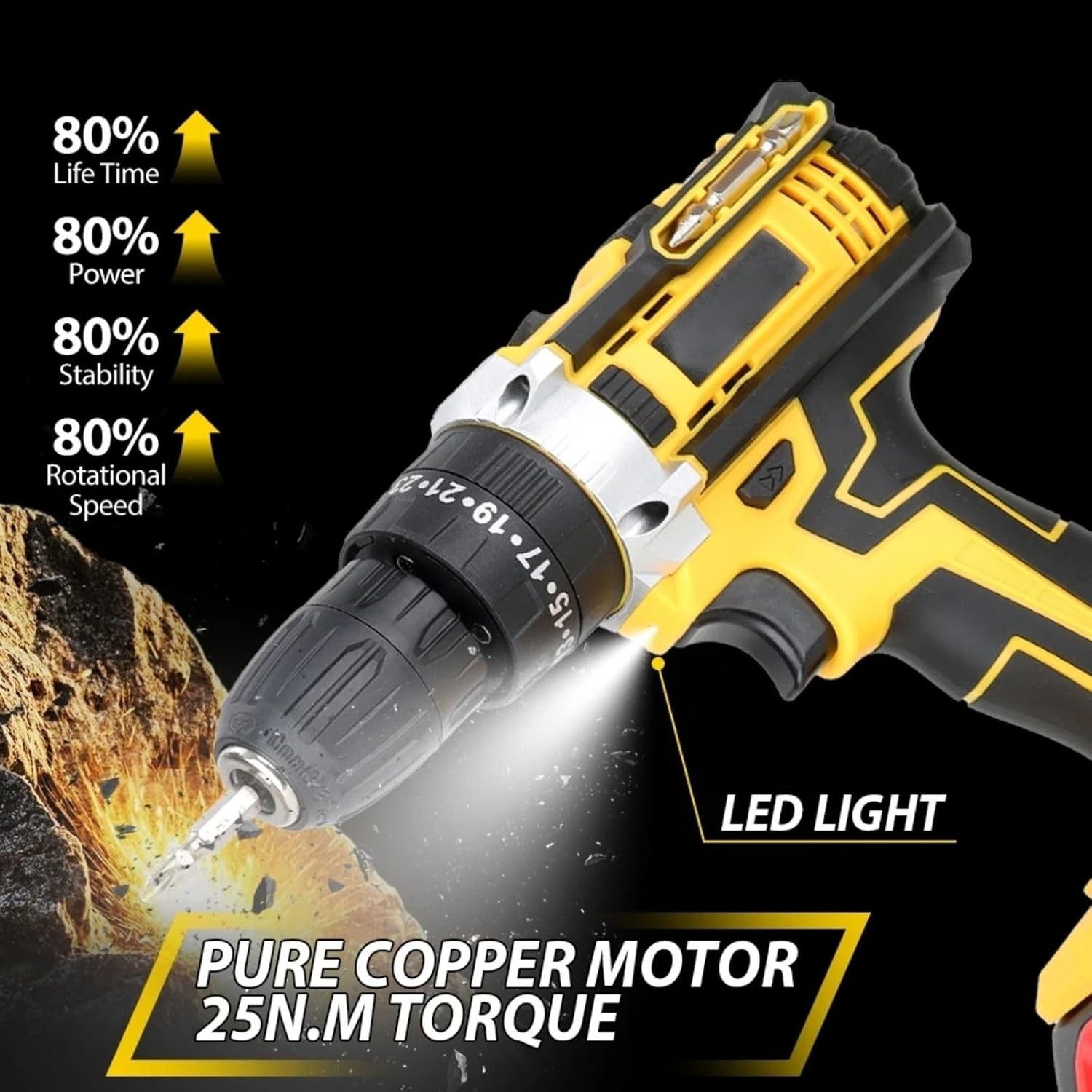21V Cordless Drill Electric Screwdriver 3/8 Keyless Chuck Work Light
