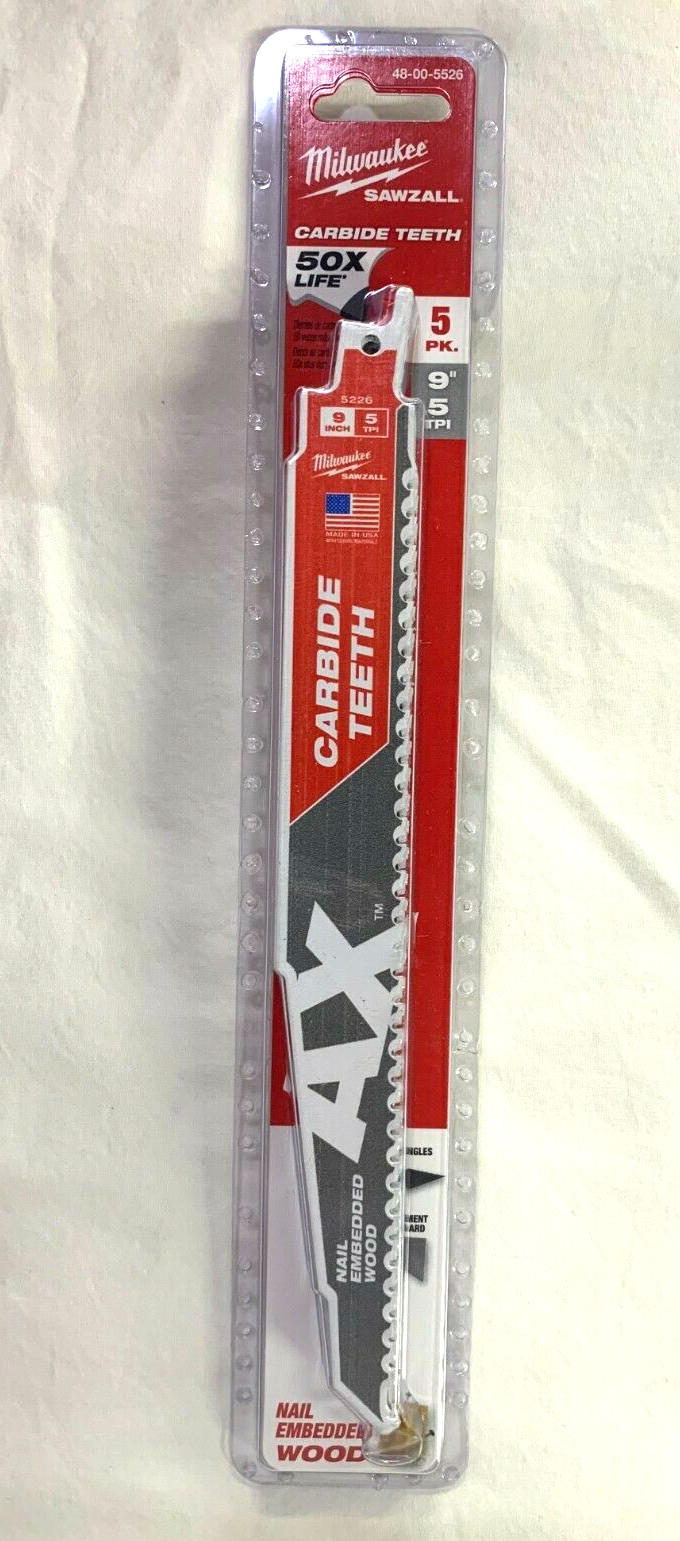 Milwaukee 48-00-5526 5 Pack 9 in. 5 TPI The Ax with Carbide Teeth SAWZALL Blades