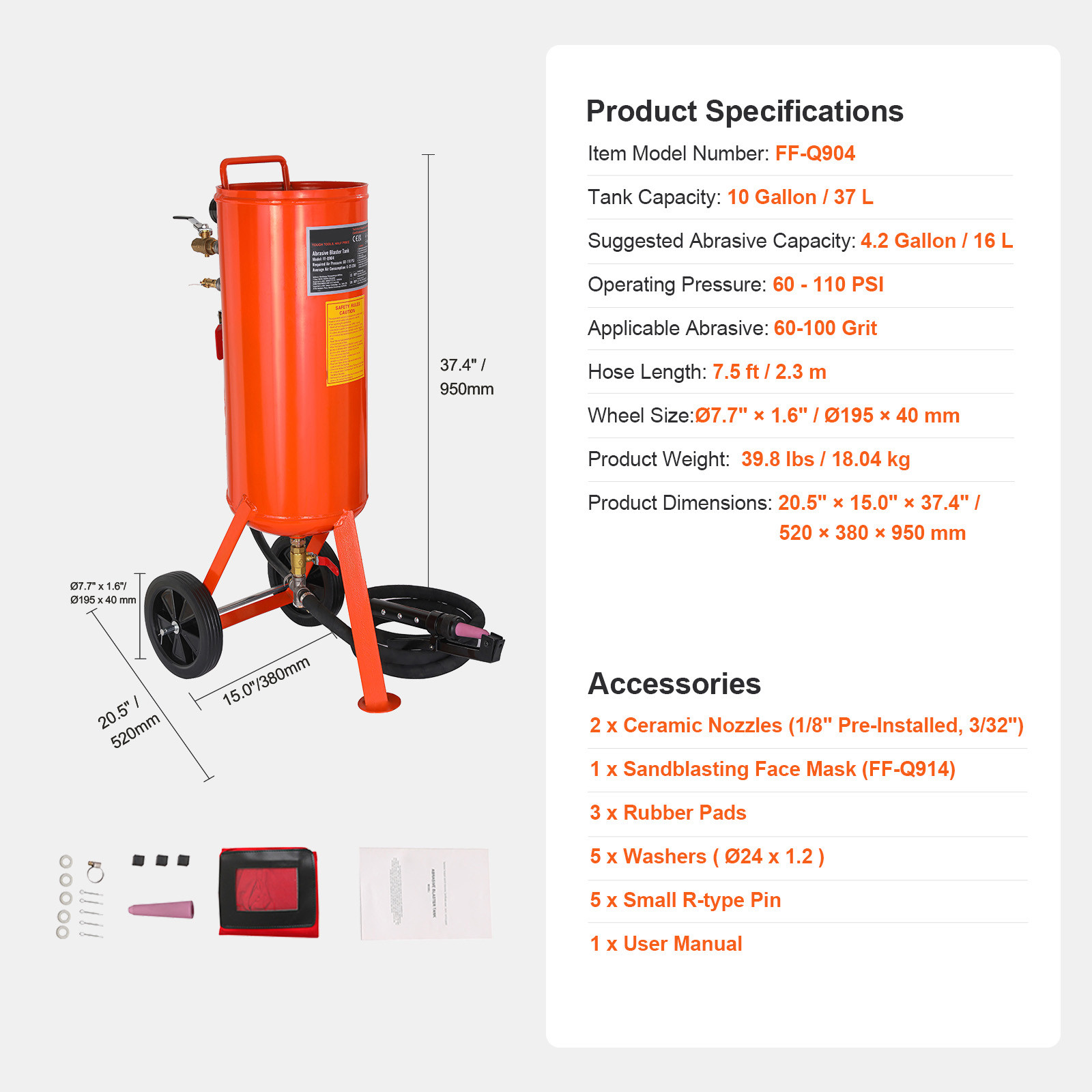 VEVOR 10 Gallon Heavy-Duty Sand Blaster 60-110 PSI with 2 Nozzles & 7.5ft Hose
