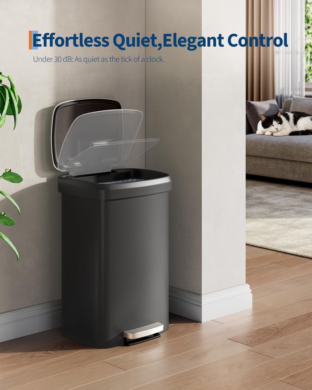 Plastic Garbage Can 13 Gal with Lid Step-On Soft Close Rear Handle Kitchen