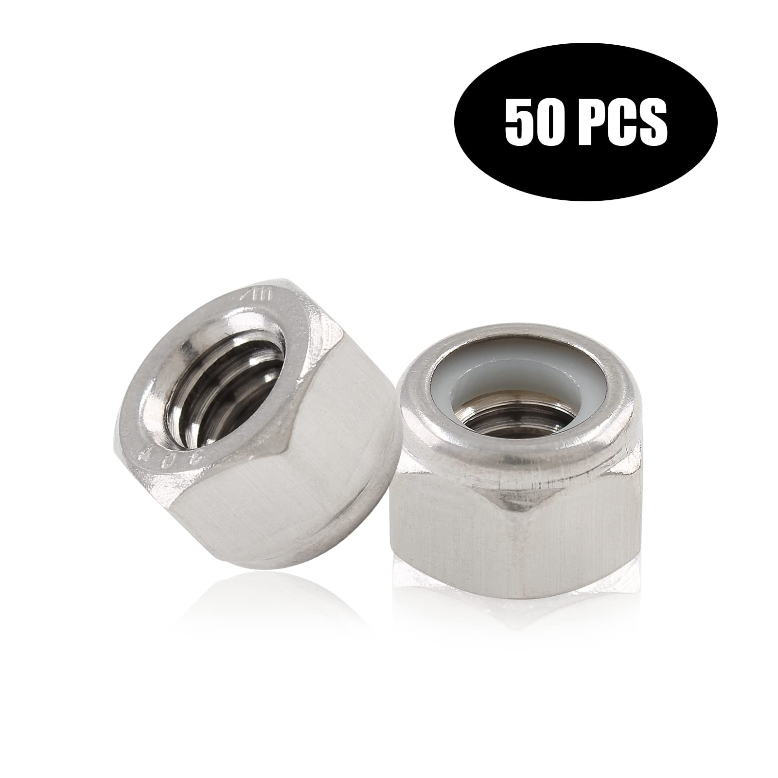 BokWin 50PCS 1/4 20 Nylon Insert Hex Lock Nuts 304 1/4-20（50pcs）, Silver