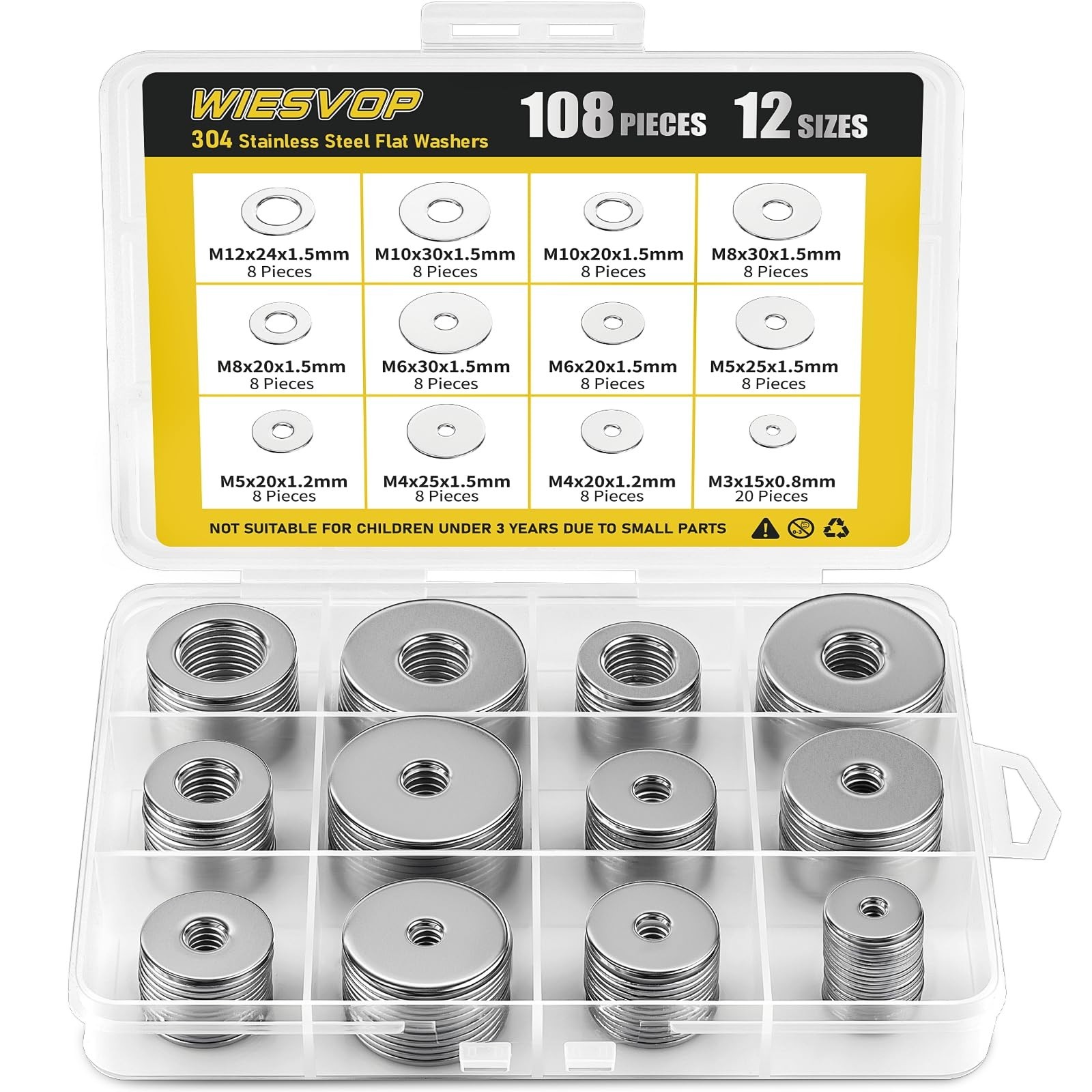 108Pcs 304 Stainless Steel Flat Washers, Fender Washers Assortment Kit 12 Siz…