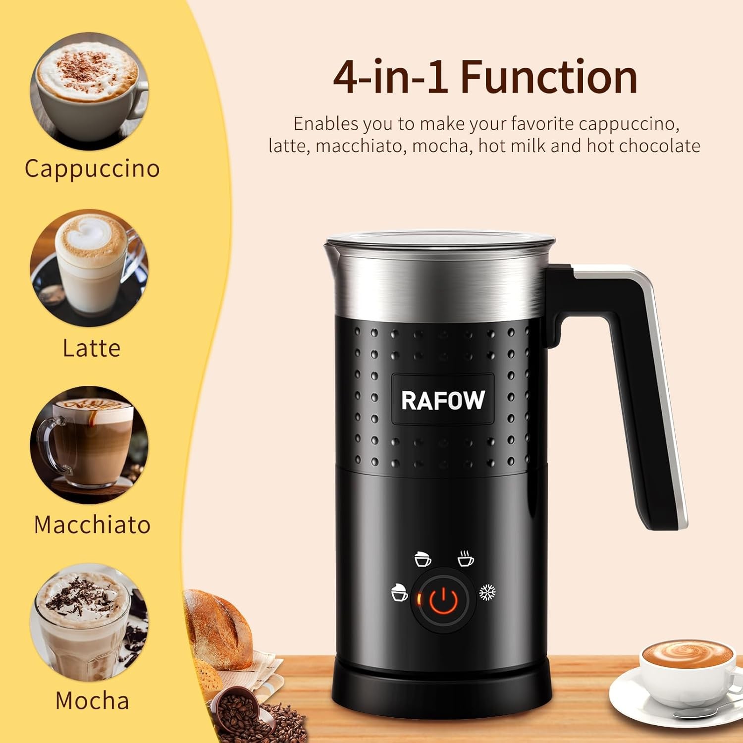 4 in 1 Electric Milk Frother: 10oz/350 mL Large Electric Milk for Hot and Cold