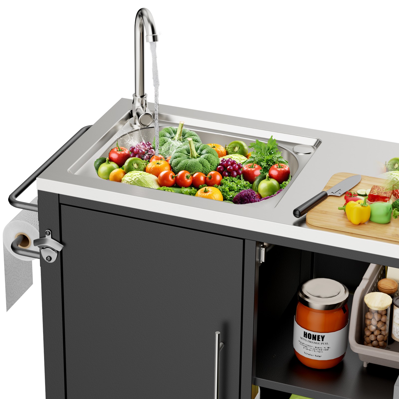 Outdoor Grill Cart Sink Station 304 Stainless Steel Cabinet Wheels 38x18x35in