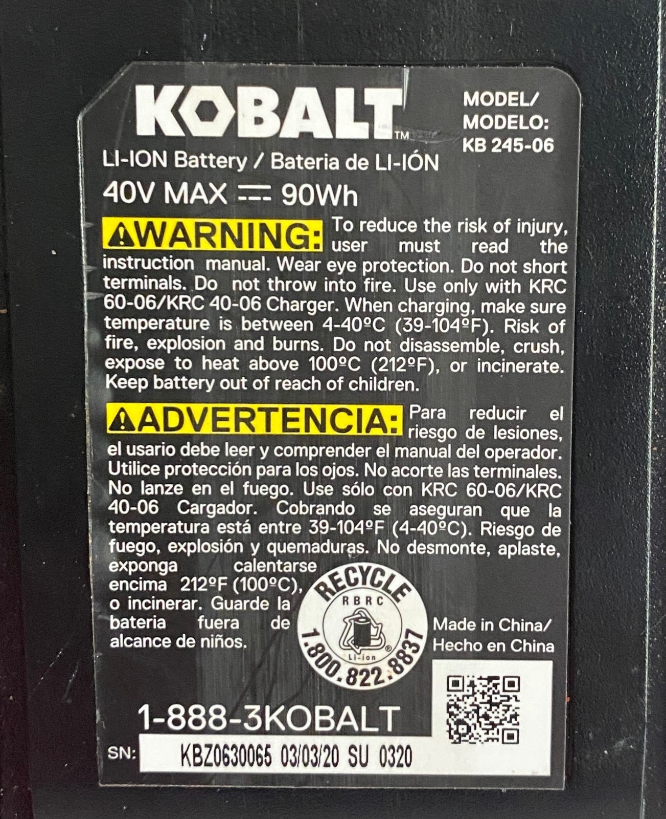 Kobalt 40V Max Lithium-Ion Battery KB 245-06 and Charger KRC 40-06 Tested Works