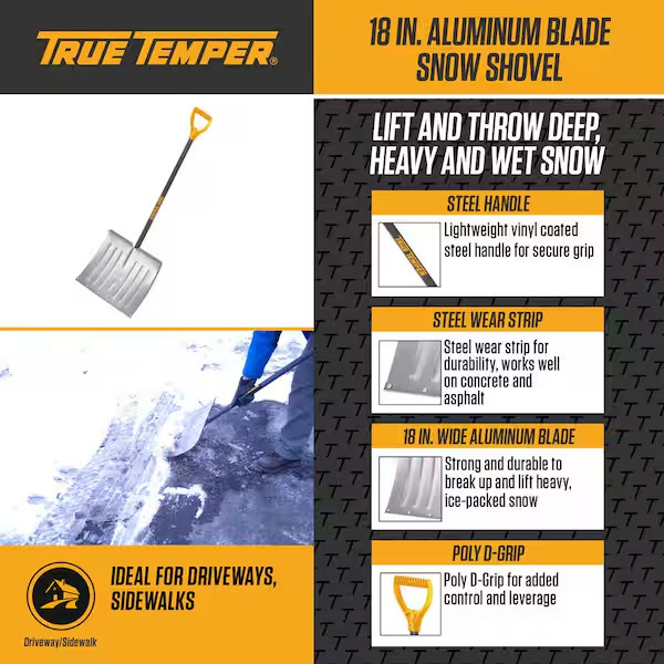 True Temper Snow Shovel 38.3 in. Steel Handle Aluminum Blade Poly D-Grip