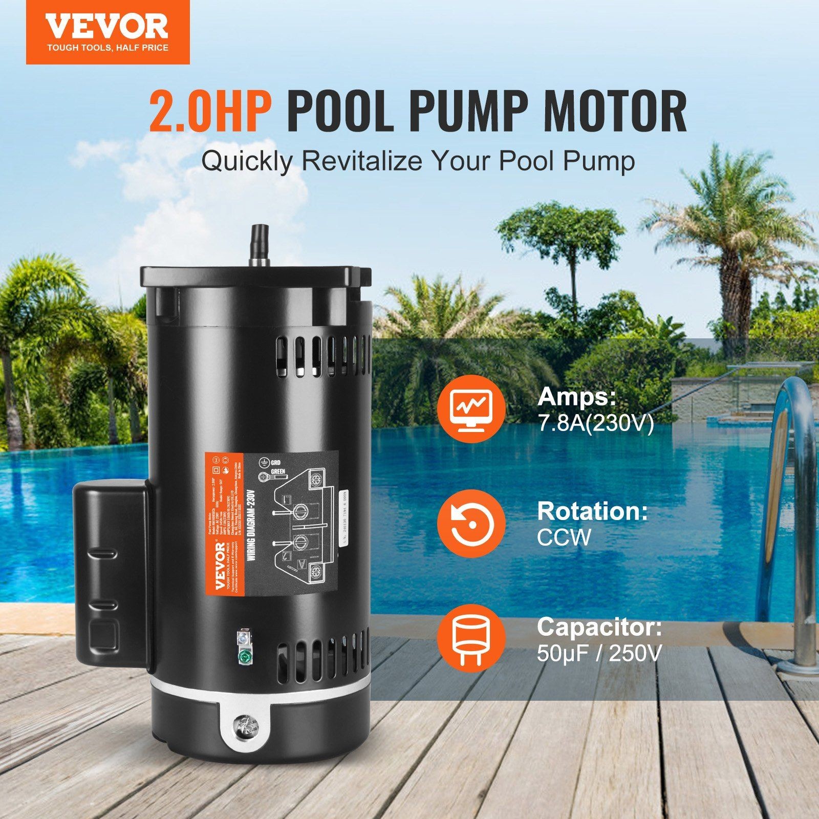 Pool Pump Motor 2HP, 56Y Frame, 230V, 3450RPM, Low-Noise 70dB, Steel Housing