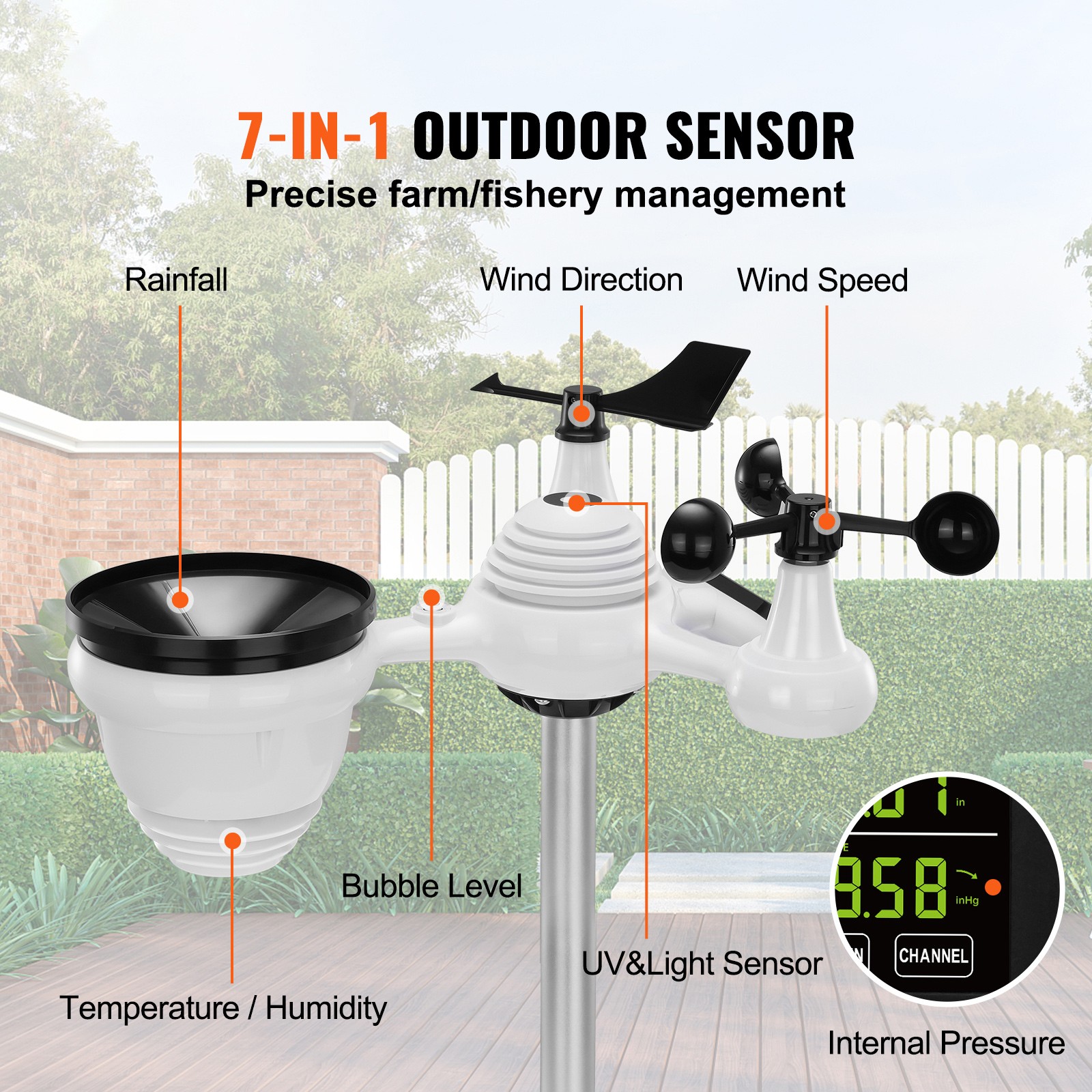 VEVOR 7-in-1 Wireless Weather Station 7.5 in Large Display for Indoor Outdoor