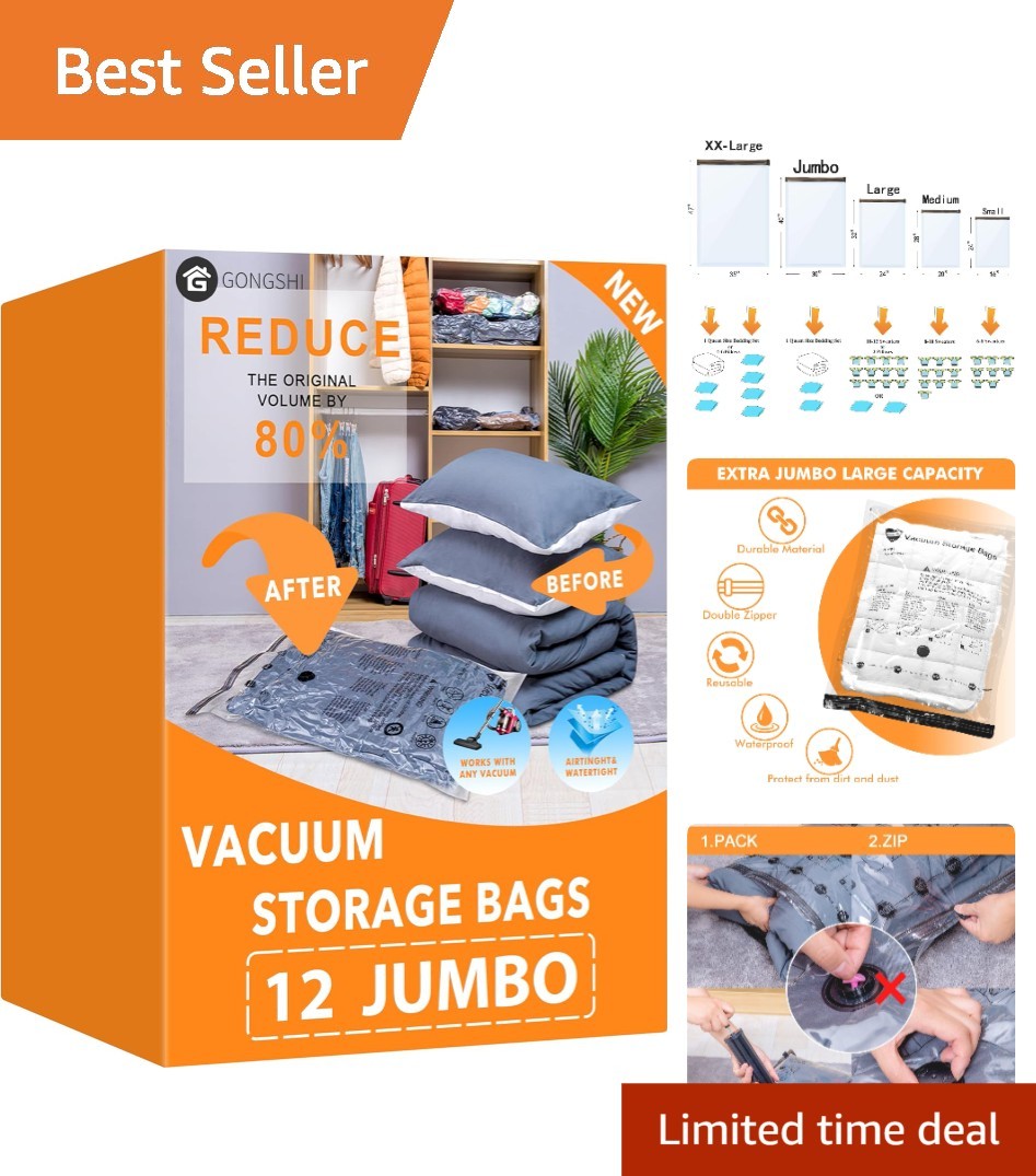 12 Jumbo Vacuum Storage Bags – Ultimate Space Saver for Clothing & Bedding