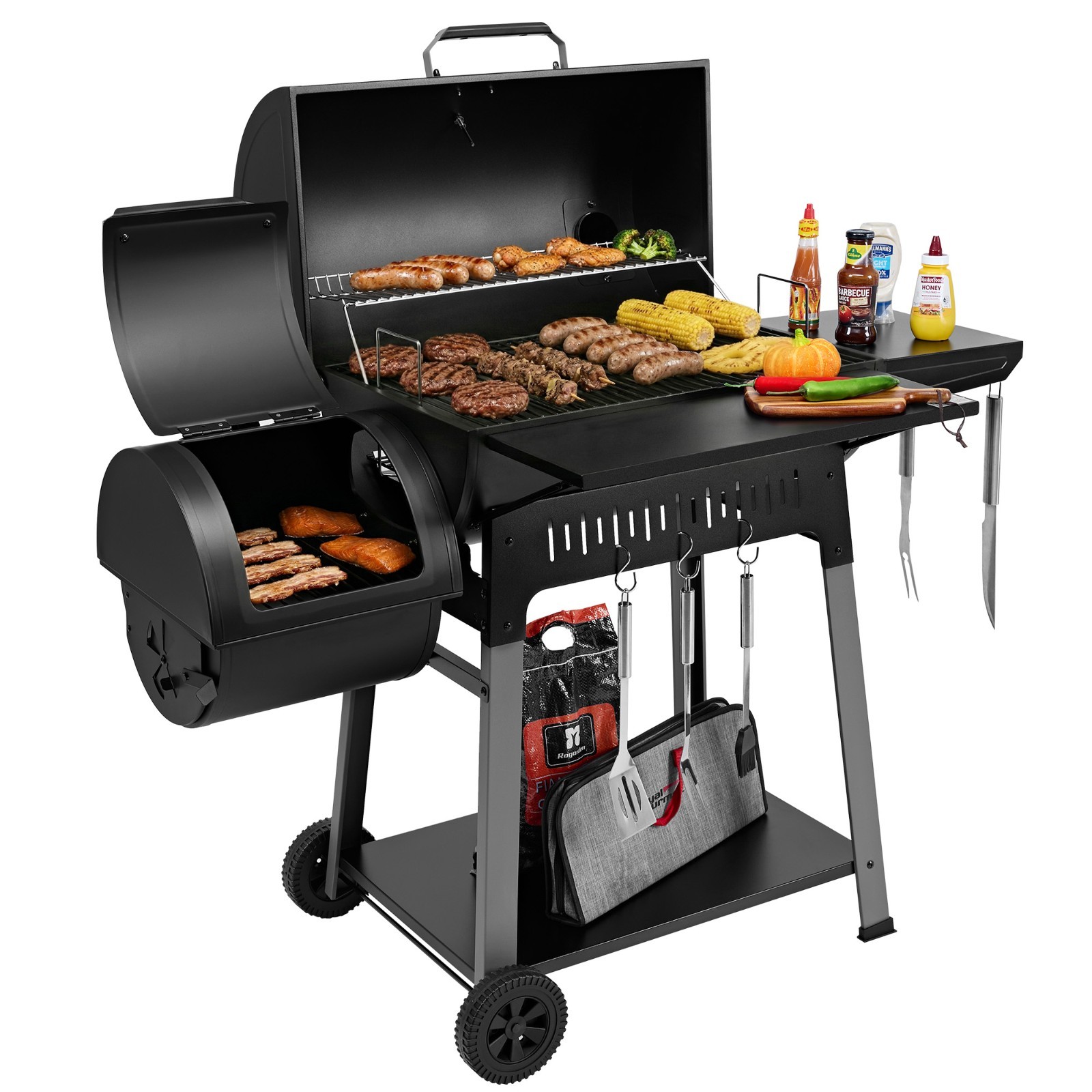 Royal Gourmet Barrel Charcoal Grill with Offset Smoker for Backyard Cooking