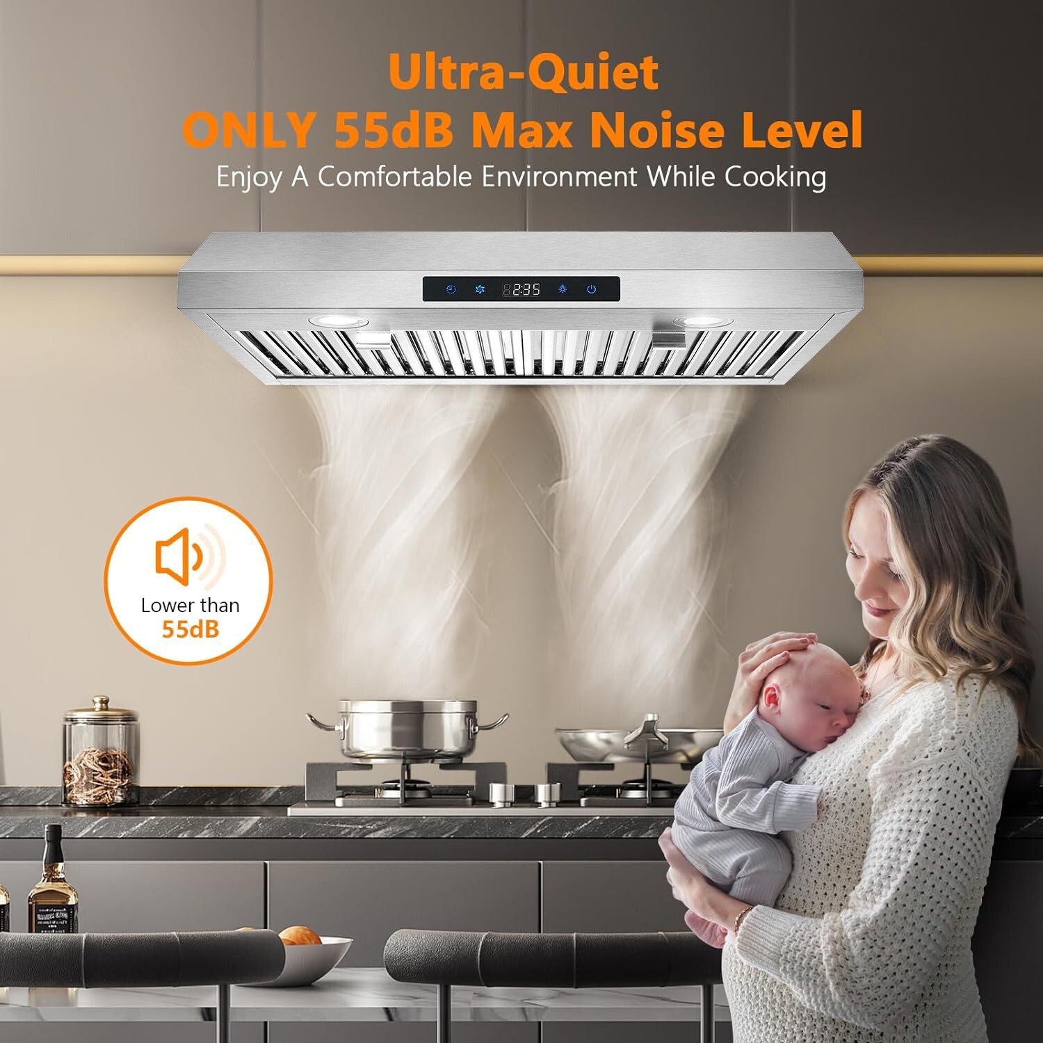 SNDOAS 30in Under Cabinet Kitchen Range Hood 800CFM 3-Speed Touch Control Vented