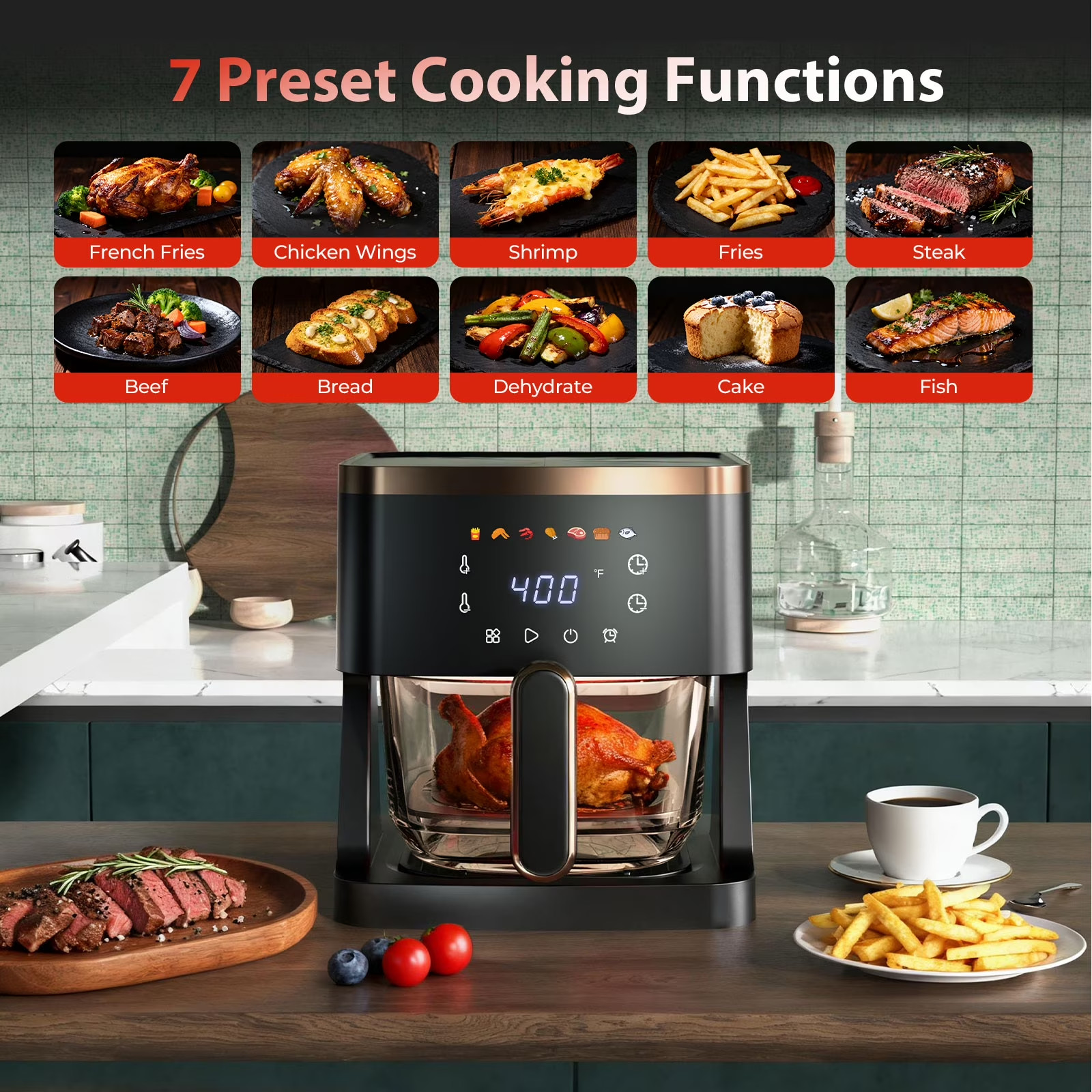 7-in-1 Air Fryer, 5 QT Glass Basket Fryer, 360° Cooking Window, 1400W Precise