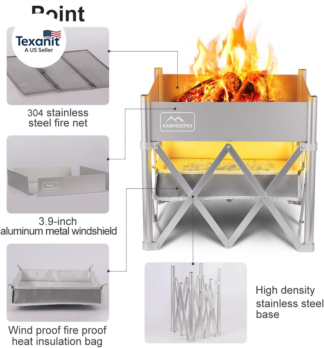 Portable Fire Pit, Outdoor Tabletop Firepit 18 Inch, 304 Stainless Steel Wood Bu
