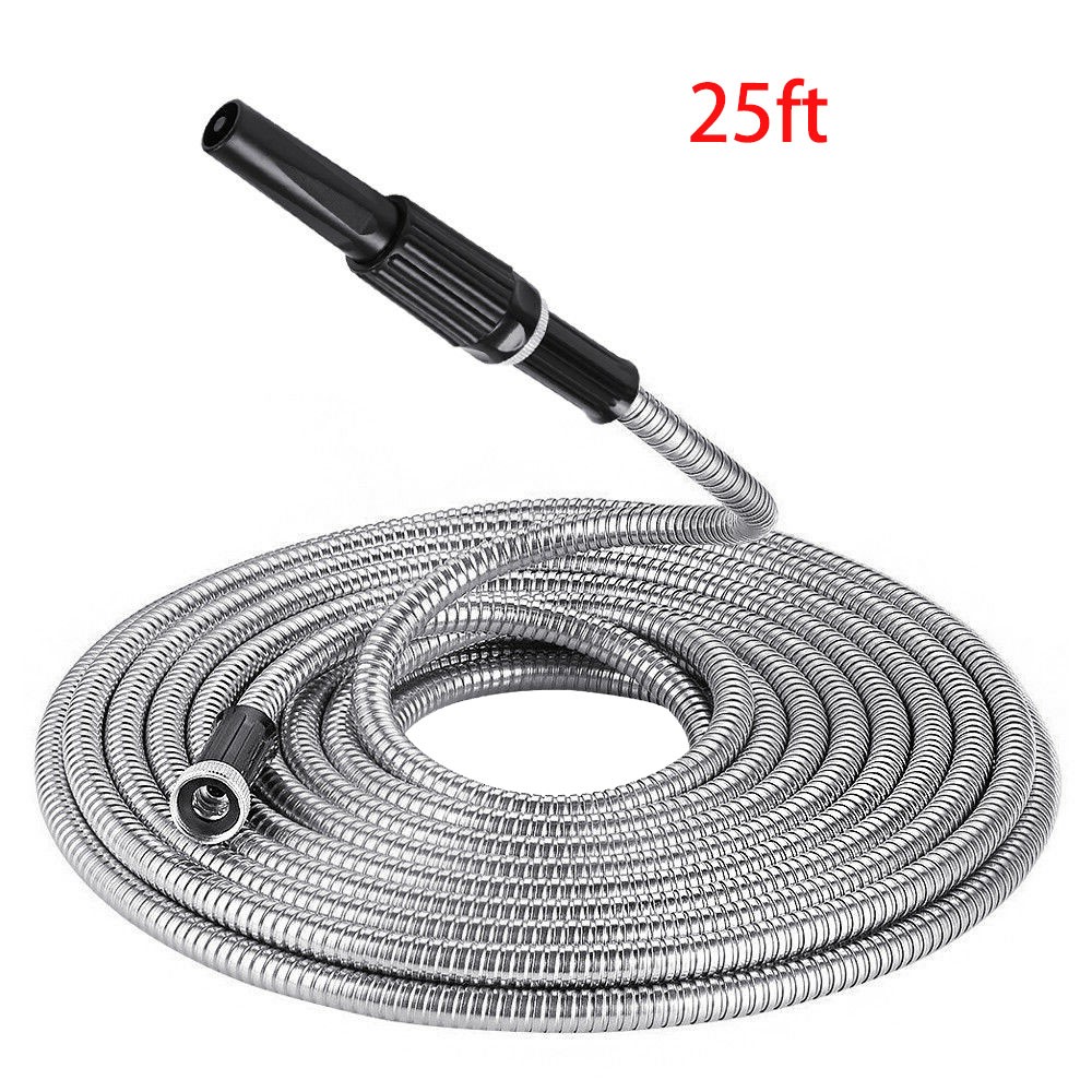 Garden Water Hose Pipe Stainless Steel Metal 100/75/50/25FT Flexible Lightweight