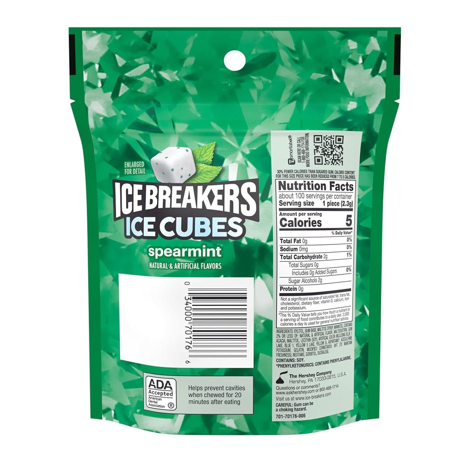 8.11 oz ICE CUBES Spearmint Sugar Free Gum Pouch – 100 Pieces for Fresh Breath