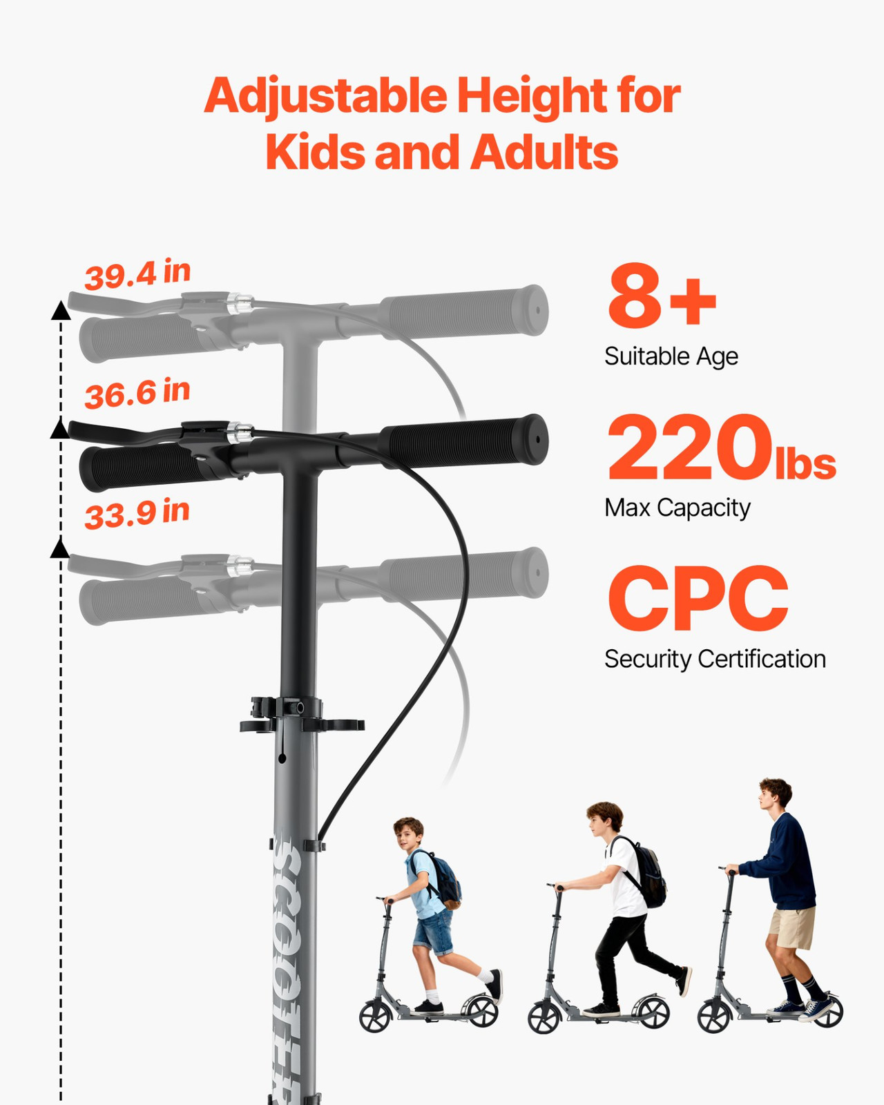 VEVOR Kick Scooter for Kids Ages 8+, Teens & Adults, 2-Wheel Toddler Scooter wit