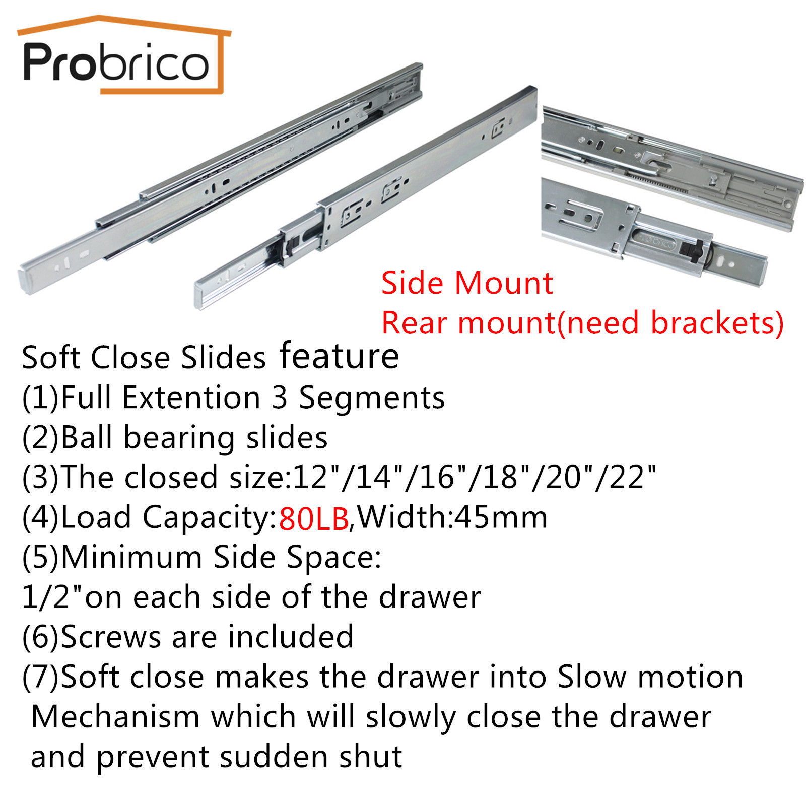 12-22In Soft Close Full Extension Drawer Slides Rear Mount Ball Bearing+Brackets