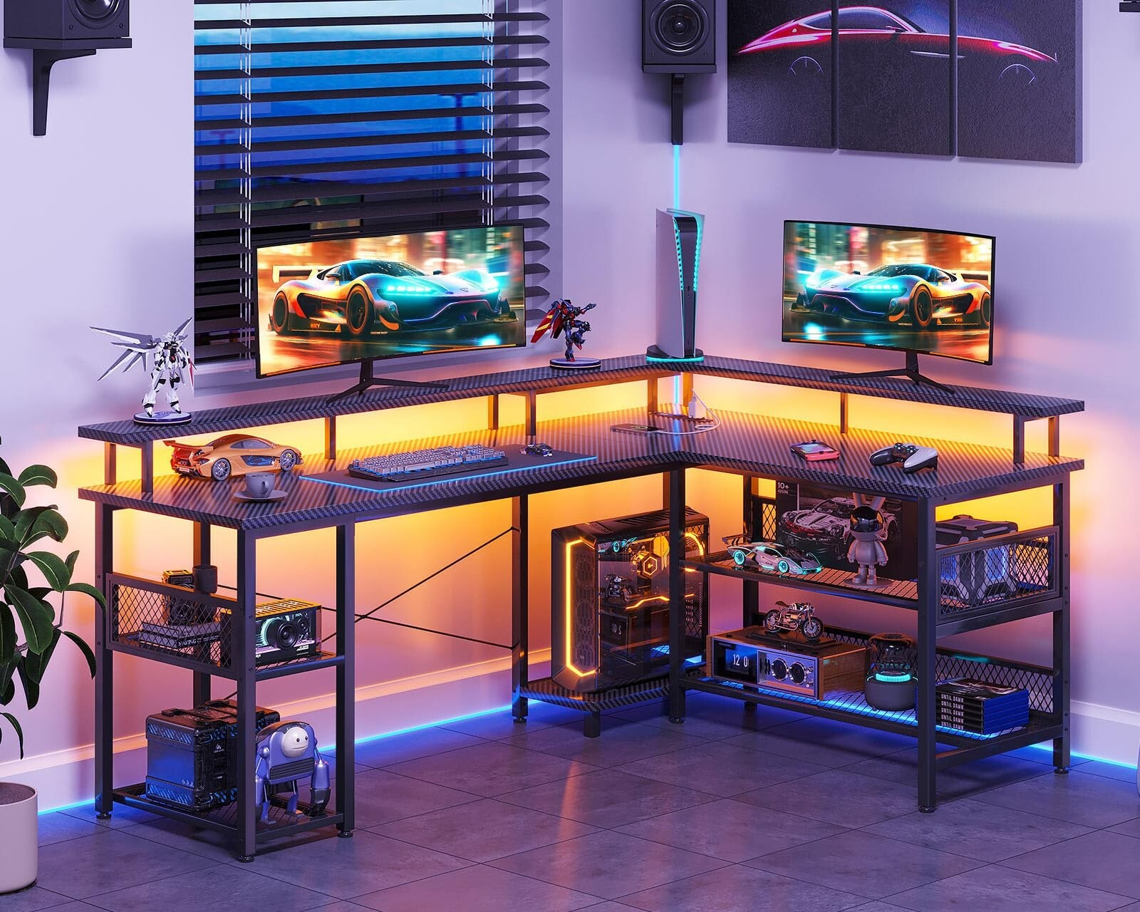 Home Office Study Table L Shaped PC Gaming Desk with LED Lights & Monitor Stand