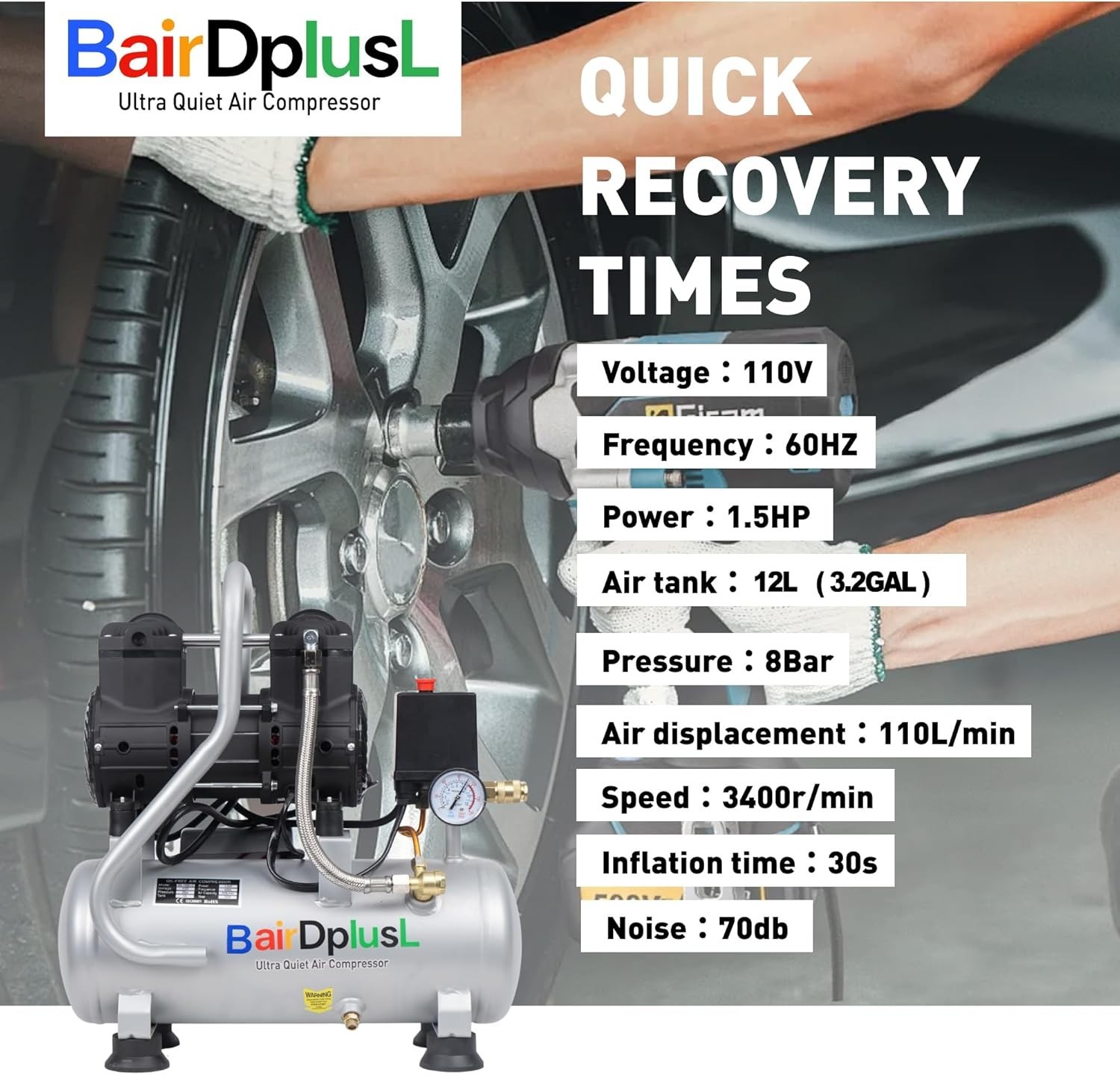 3.2 Gallon Ultra Quiet Air Compressor 110V/60Hz 1.5HP 8.8CFM, Oil-Free 70dB
