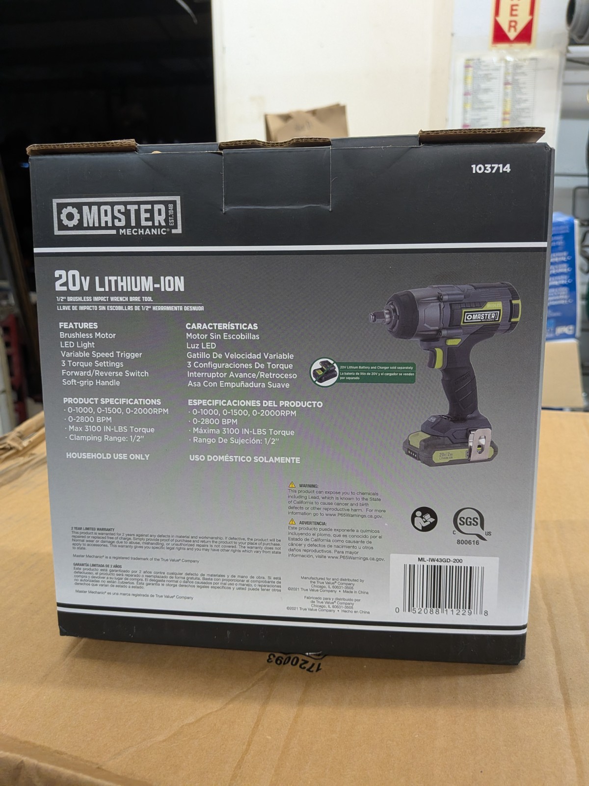 NO BATTERY – Master Mechanic 20V Li-Ion Brushless 1/2″ Impact Wrench Tool 103714
